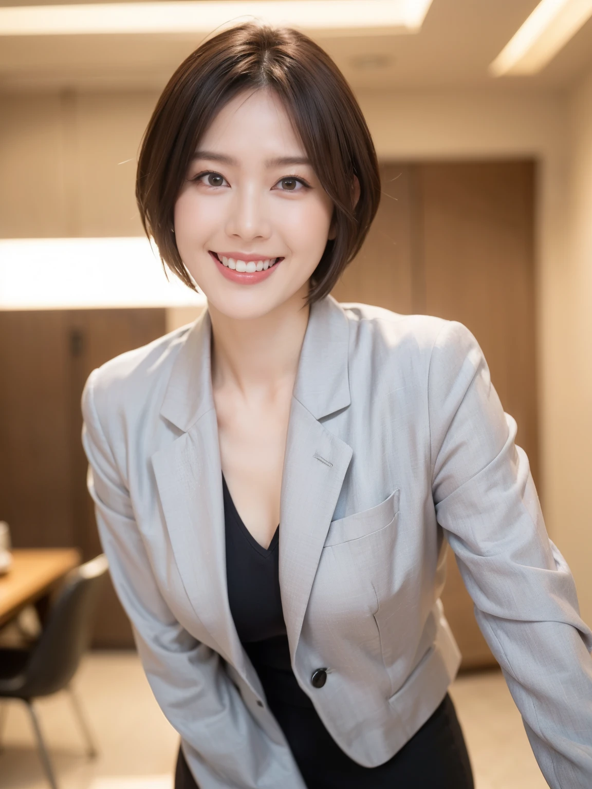 masterpiece,highest quality, (Mature Woman、42 years old), Glare, (Grey blazer), (White shirt:1.2), (Black pencil skirt:1.4)、double eyelid, eyelash, Lip gloss, (smile:1), (Looking at the audience、Whole body image、Are standing), (Modern hotel lobby:1.6)、Written boundary depth、尖ったRed Mouth、(Black wet shiny short hair),Red Mouth,clavicle、(Full body portrait:1.6)、Digital Illustration, (Photorealistic:1.3),(RAW Photos.)