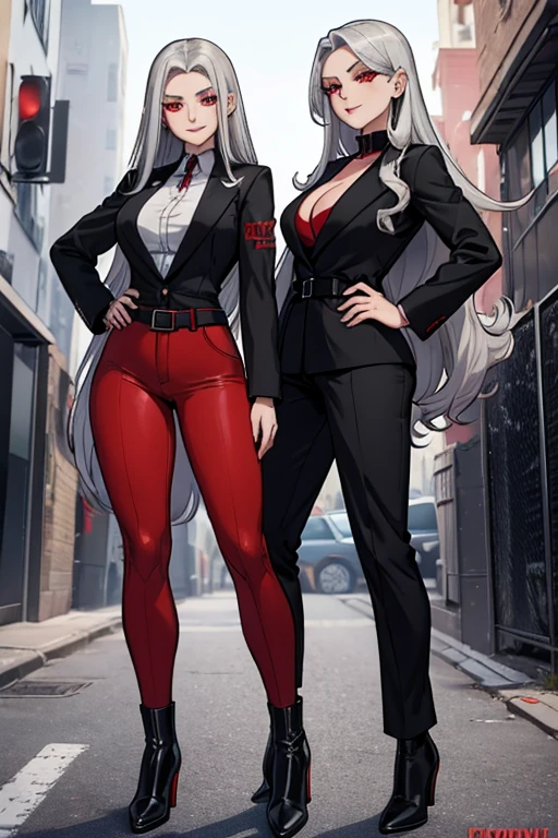female, silver long hair with black highlights, red eyes, (((1girl))), (((red business suit))), (red pants), (black dress shirt), (black ankle boots), (black belt), cute and sexy, full body, large breasts, large butt, long legs, smiling, young