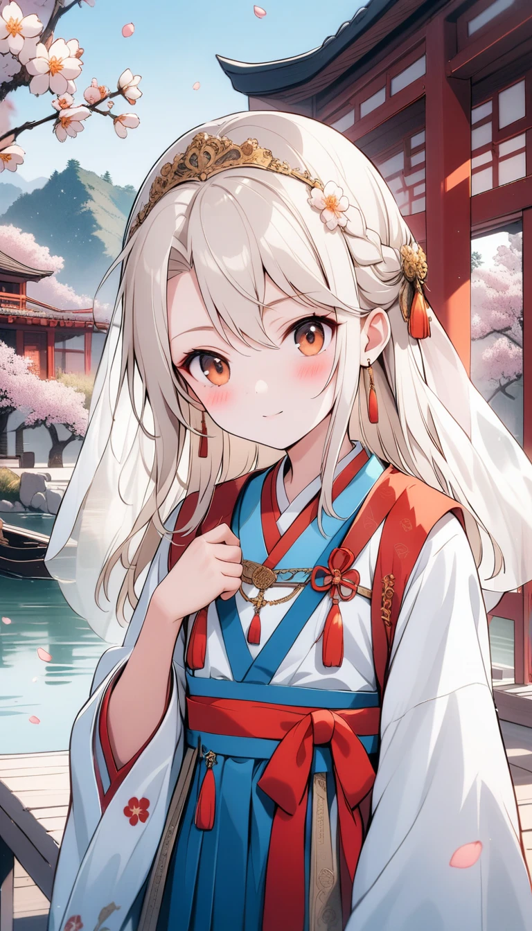 1girl,(illyasviel von einzbern),bangs,red_eyes,cream hair,(french braid),seductive smile,blush,blue_flower,beautiful detailed_background,small breasts,butterfly,(blue and white porcelain gorgeous hanfu, song style outfits),gold trim,short shan, pleated skirt, red songmo,overlapping collar,jewelry,earrings,mask,chain,face chain,((veil)),explicit,flower,general, hair_ornament,hanfu,hand on hair,((peach blossom)),jewelry,long_hair,looking_at_viewer,questionable,sensitive,solo,tassel,tassel_earrings,upper_body,(spring),Chinese style architecture, Chinese style, lake, ancient town, beautiful and meticulous water, (Fishing boat), pavilion,steam,Surrounding by falling peach blossoms petals, han style,