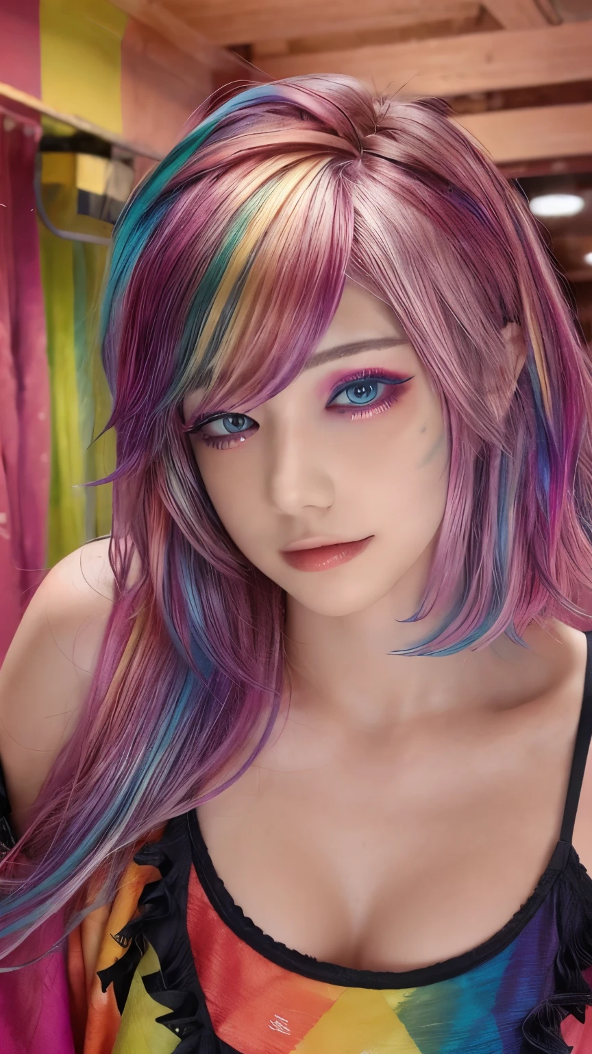 One girl, alone,Long sides、short and disheveled hair, short hair, eye shadow, mascara, color: spectrum, vivid colors, Rainbow Hair , bright Rainbow Hair, Perfect Eyes, Fine grain,indoor  , Very detailed, cute, Full Body Shot, smile,The chest is visible