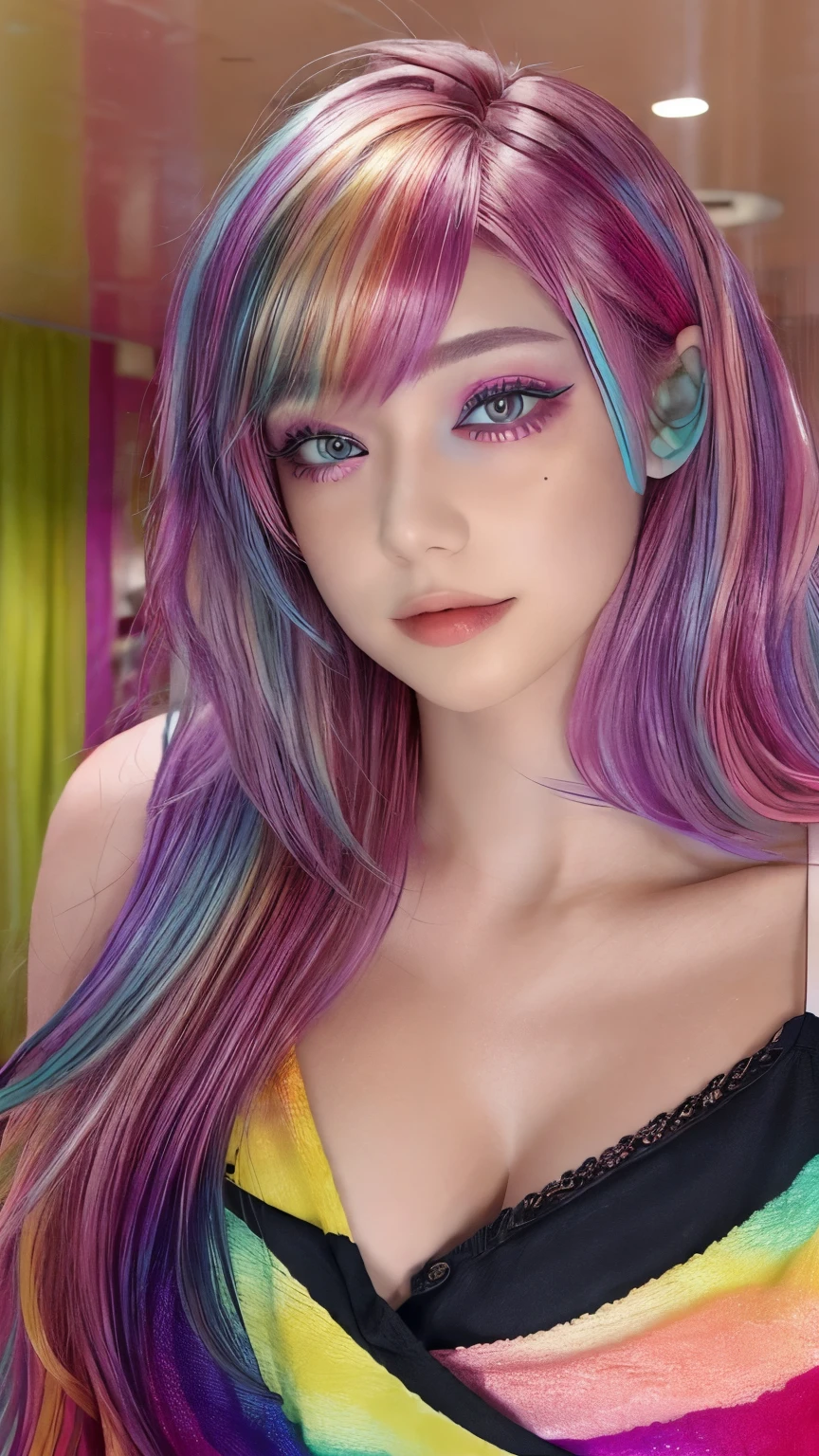 One girl, alone,Long sides、short and disheveled hair, short hair, eye shadow, mascara, color: spectrum, vivid colors, Rainbow Hair , bright Rainbow Hair, Perfect Eyes, Fine grain,indoor , Very detailed, cute, Full Body Shot, smile,The chest is visible