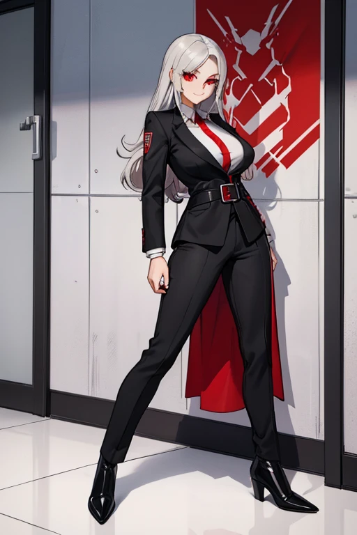 female, silver long hair with black highlights, red eyes, (((1girl))), (((red business suit))), (red pants), (black dress shirt), (black ankle boots), (black belt), cute and sexy, full body, large breasts, large butt, long legs, smiling, young