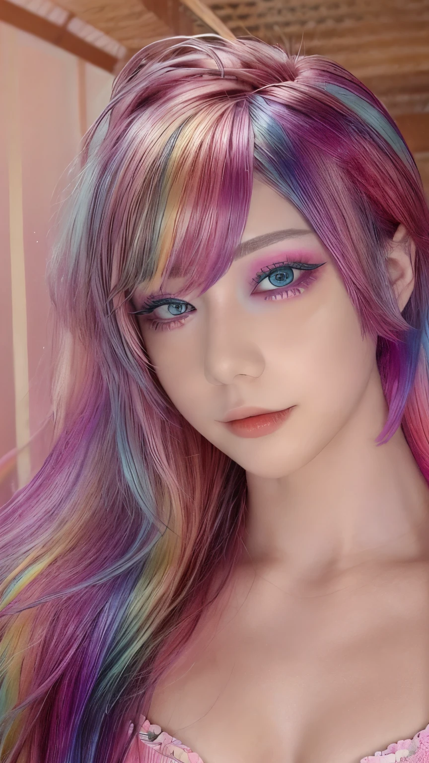 One girl, alone,Long sides、short and disheveled hair, short hair, eye shadow, mascara, color: spectrum, vivid colors, Rainbow Hair , bright Rainbow Hair, Perfect Eyes, Fine grain,indoor , Very detailed, cute, Full Body Shot, smile,The chest is visible