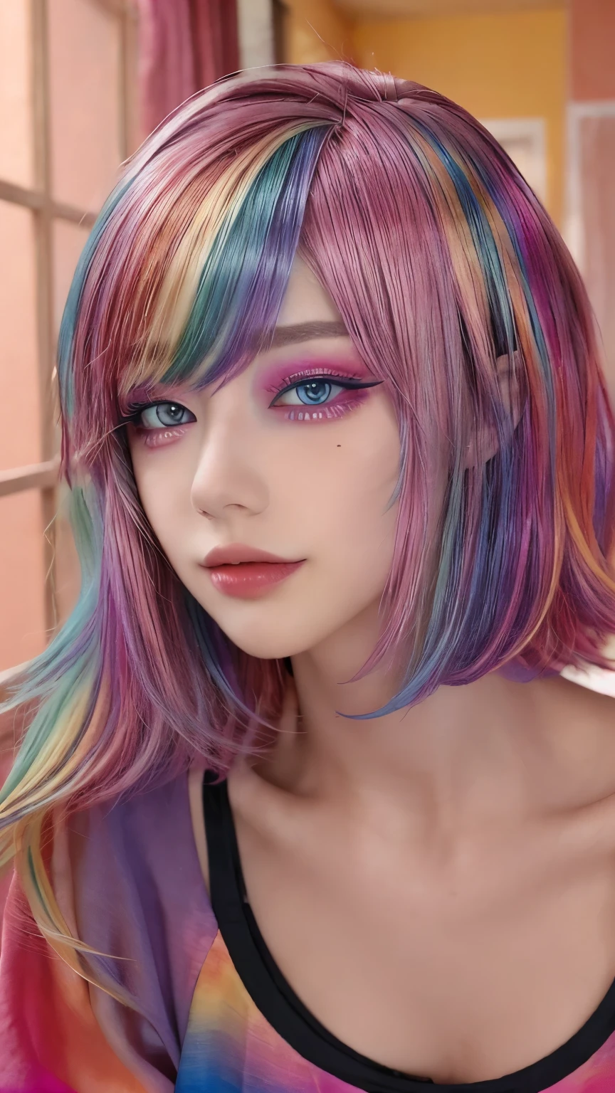 One girl, alone,Long sides、short and disheveled hair, short hair, eye shadow, mascara, color: spectrum, vivid colors, Rainbow Hair , bright Rainbow Hair, Perfect Eyes, Fine grain,indoor  , Very detailed, cute, Full Body Shot, smile