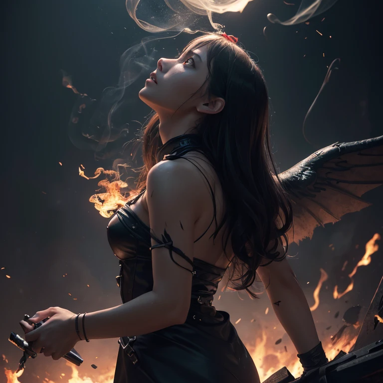 (((medium full shot))), (Masterpiece, photorealistic, photorealism, best quality, ultra-detailed:1.3), (nice hands, perfect hands), official art, cinematic light, (1girl:1.3), adult, dark Angel, hell, abstract, horror, full body, epic battle scene, ash, flower, (head raised), (looking up:1.3), an unforgettable ray of light falls from top to bottom, red eyes, dust, smoke, (demons:1.2), dinamic angle, dinamic pose,