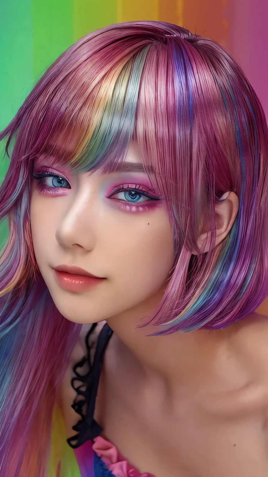 One girl, alone,Long sides、short and disheveled hair, short hair, eye shadow, mascara, color: spectrum, vivid colors, Rainbow Hair , bright Rainbow Hair, Perfect Eyes, Fine grain,indoor , Very detailed, cute, Full Body Shot, smile