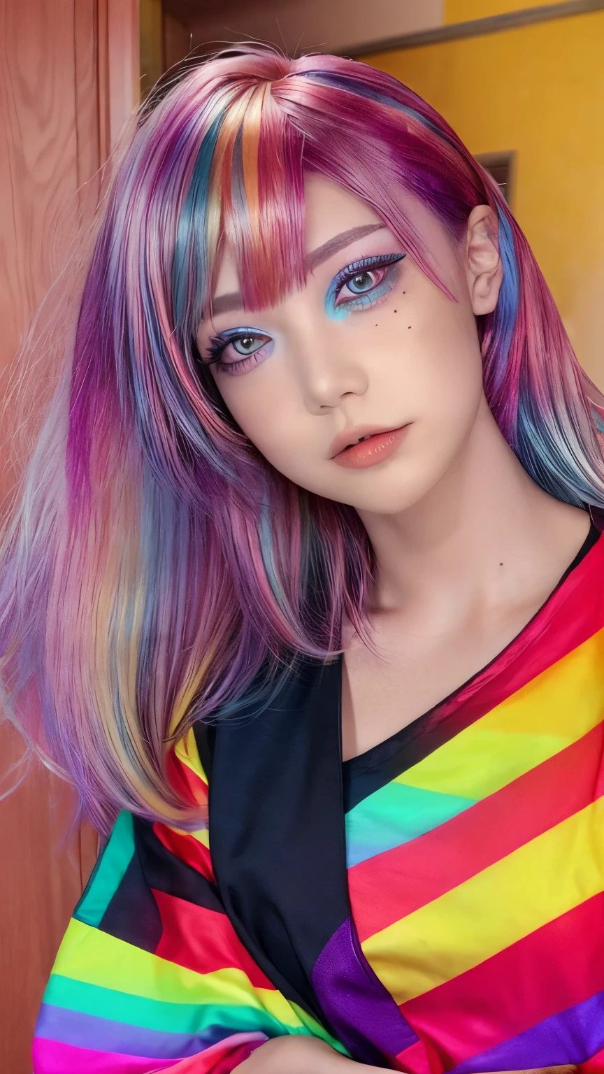 One girl, alone,Long sides、short and disheveled hair, short hair, eye shadow, mascara, color: spectrum, vivid colors, Rainbow Hair , bright Rainbow Hair, Perfect Eyes, Fine grain,indoor  , Very detailed, cute, Full Body Shot, smile