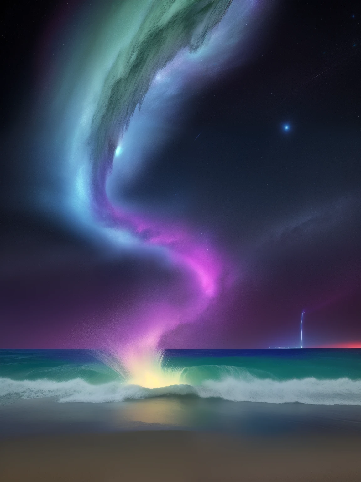 Cosmic Energy, Glow Wave, There's a supernova explosion in the sky, wallpaper, Miniature Core, Rust and electric green flakes, RTTX 10.0, Ordinary Japanese (girl:1.1) A 14-year-old girl wearing a Japanese yukata、Attend a concert, Sky blue thin silk、A design of multiple white rabbits、Wearing a yukata with a yellow sash, Looking into the distance, A world where concept art and realism come together, Very detailed, Super detailed,