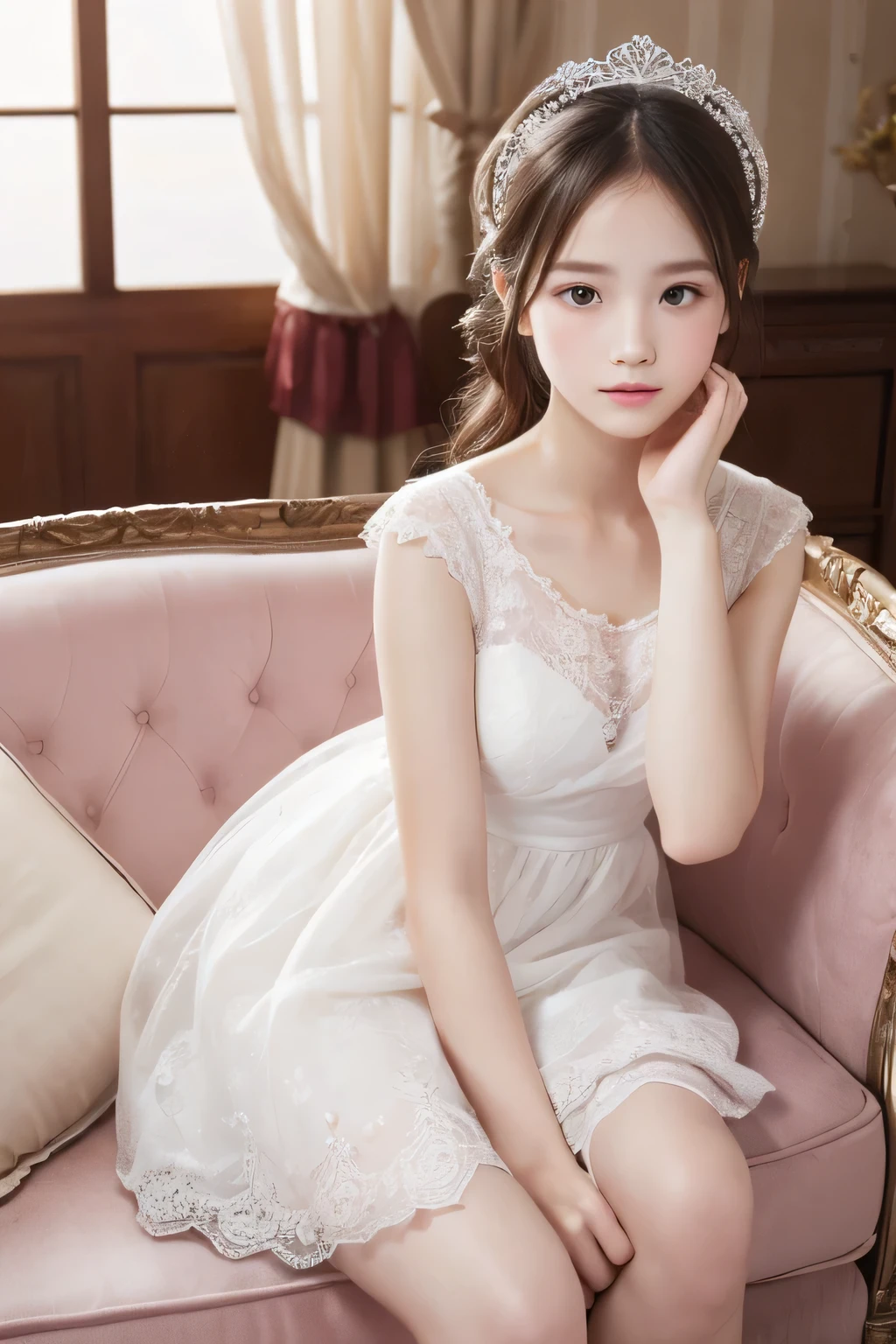 ((highest quality)), ((Photo quality)), (detailed), Perfect Face，White skin，，dress,delicate,sofa