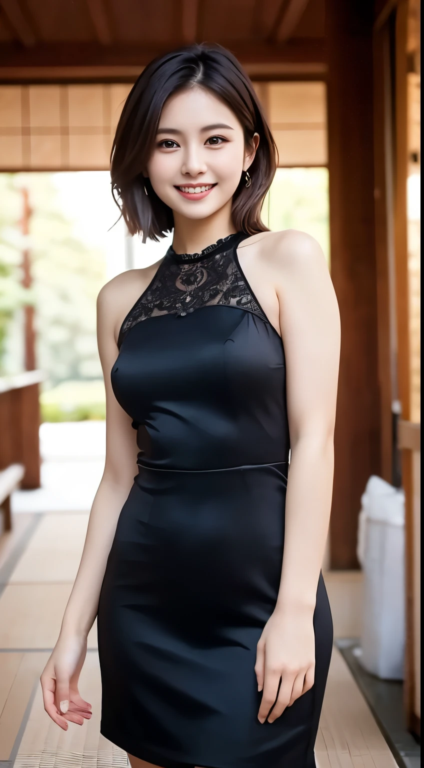 A 19-year-old female college student from an upper-class background、Wearing a black formal dress、Height: 165cm, Japanese Model, Short Layered Hair、Japanese girl, Neat and clean Japan woman, Laughter、smile、Japanese Goddess, Innocence、RAW Photos, (8k、highest quality、masterpiece:1.2)、(Intricate details:1.4)、(Photorealistic:1.4)、Octane Rendering、Complex 3D rendering with ultra-detail, Studio Lighting, Rim Light, Vivid details, Super Detail, Realistic skin texture, Detailed aspect, Beautiful details in the eyes, Highly detailed CG Unity 16k wallpaper, compensate, (Detailed Background:1.2), Glowing Skin、