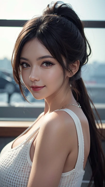 A girl named Shinestar, subjective perspective, Soft Flare, f/2.0, 105mm, Canon, Ponytail, UHD, Retina, masterpiece, accurate, anatomically correct, textured skin, Japanese-American half, smile, bright, super detail, high details, high quality, best quality, high-res, 1080P, HD, 4K, 8K, Casual Wear
