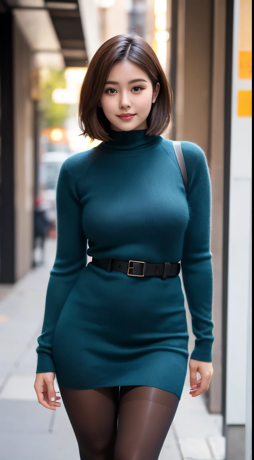 Realistic female college student wearing a cashmere knit dress、short hair、 (Ultra-realistic pantyhose:1.3)、Thighs Thighs Thighs Thighs、