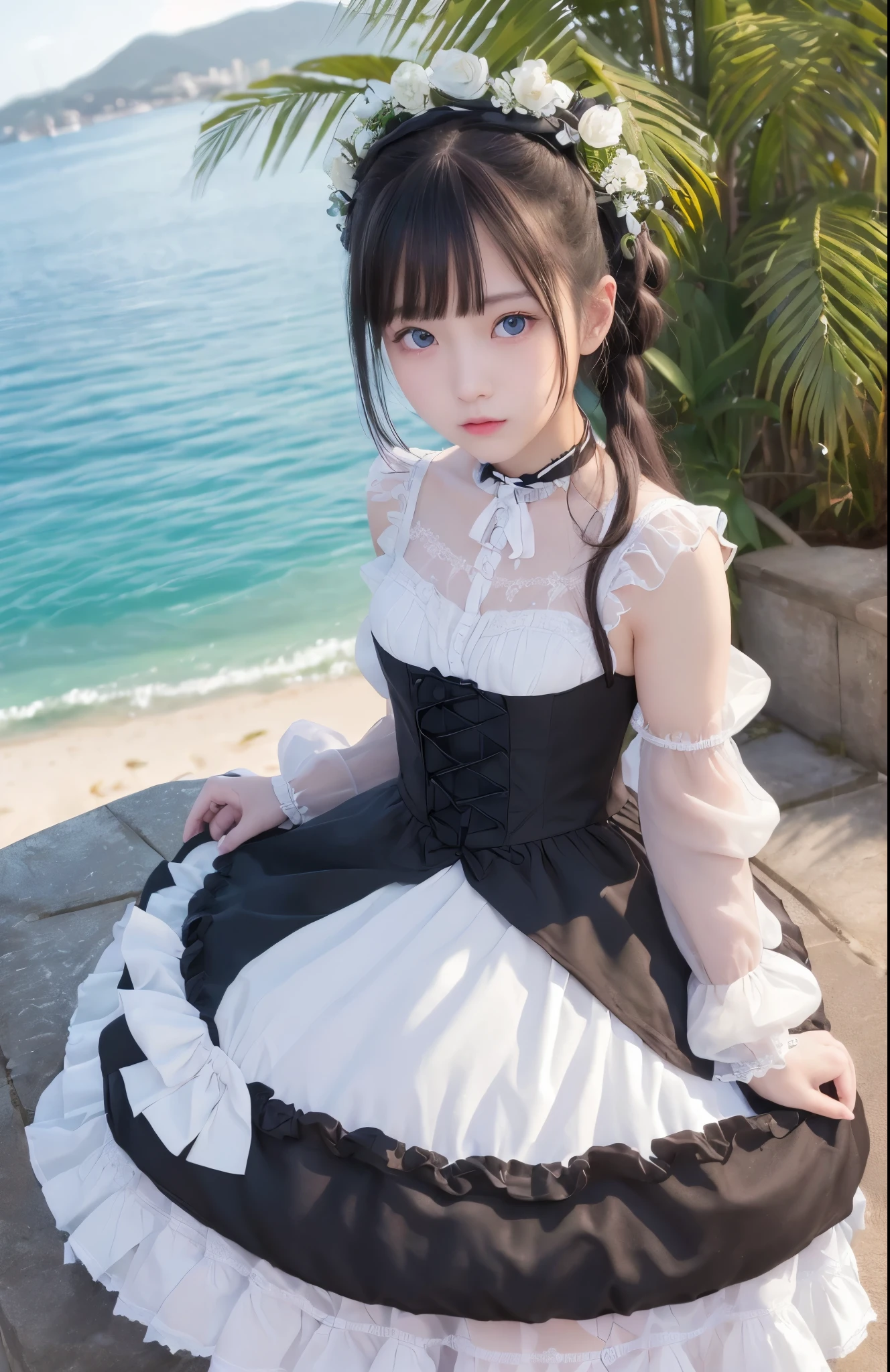 ((masterpiece)), ((highest quality、Ultra high definition)), (Very detailed),8K、Photo quality、((Amazingly cute girl)), -yeld gi Two people, , (Beautiful Blue Eyes), smile,In the open-air bath overlooking the sea, Beautifully arranged black hair in a ponytail、whole body、(White see-through summer gothic lolita outfit)、