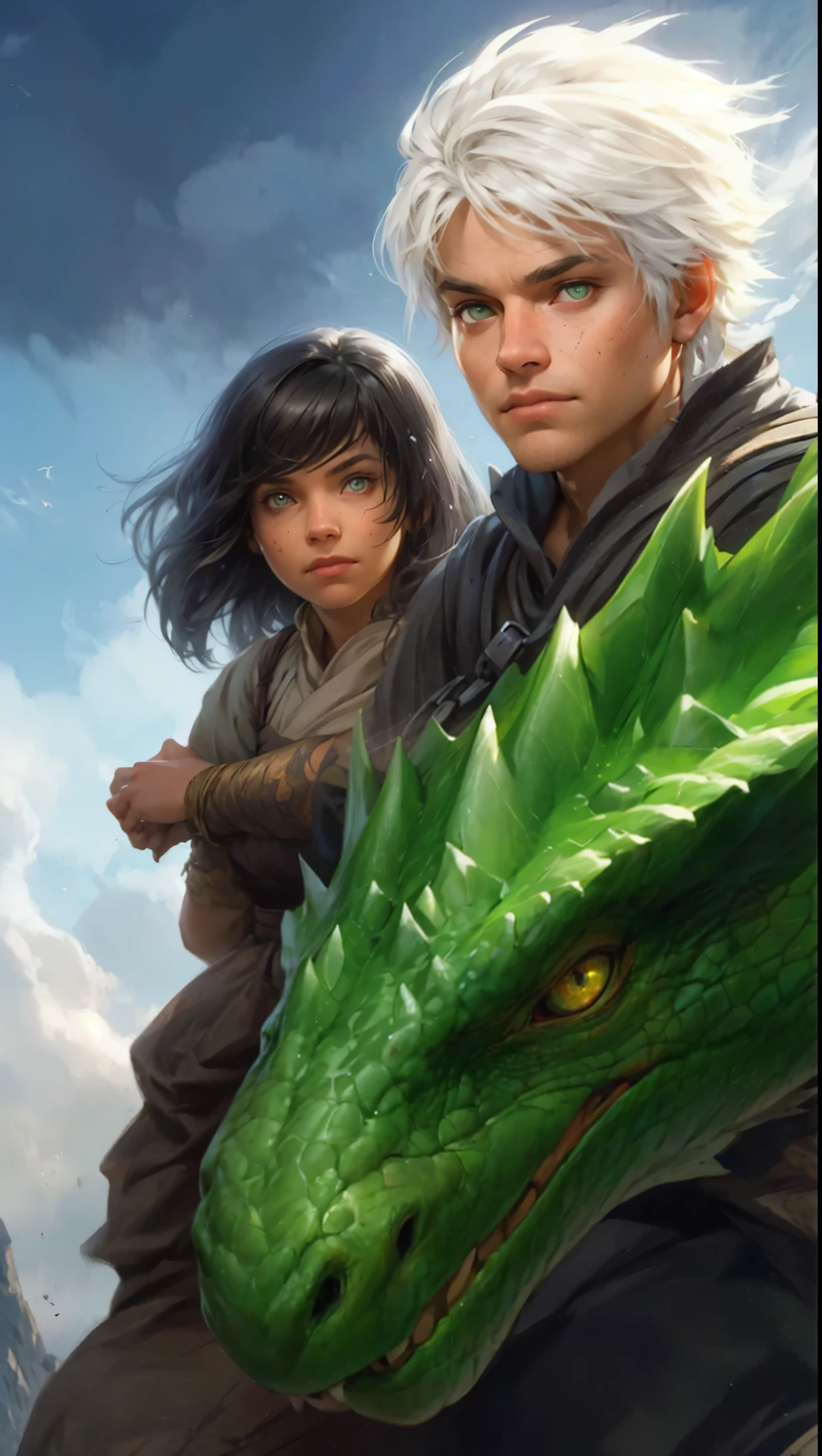 realizm, 8 years, a boy with white hair, green eyes and a girl with yellow eyes, with dark hair, children flying on the back of a green dragon, book portrait in the RPG genre, portrait from "Dungeons and Dragons", fantasy portrait, fantasy book illustration, graphic artist Magali Villeneuve, author's portrait in faces, concept art fantasy portrait, realistic fantasy illustration, portrait, epic role portrait, bottom portrait, role portrait.