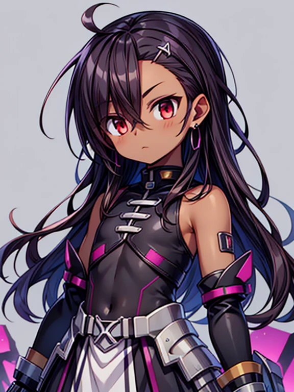 Magical girl lyrical nanoha, Masterpiece High res, high definition, (((dark skin tone))),dark skin male, dark skin, cute shota,red eyes, black hairpin, brown hair, medium dark brown hair,wearing a black exoskeleton, detached sleeves, black armoured Gauntlets, black tech jacket, black bodysuit,black exoskeleton, black fingerless gloves, blue gems,