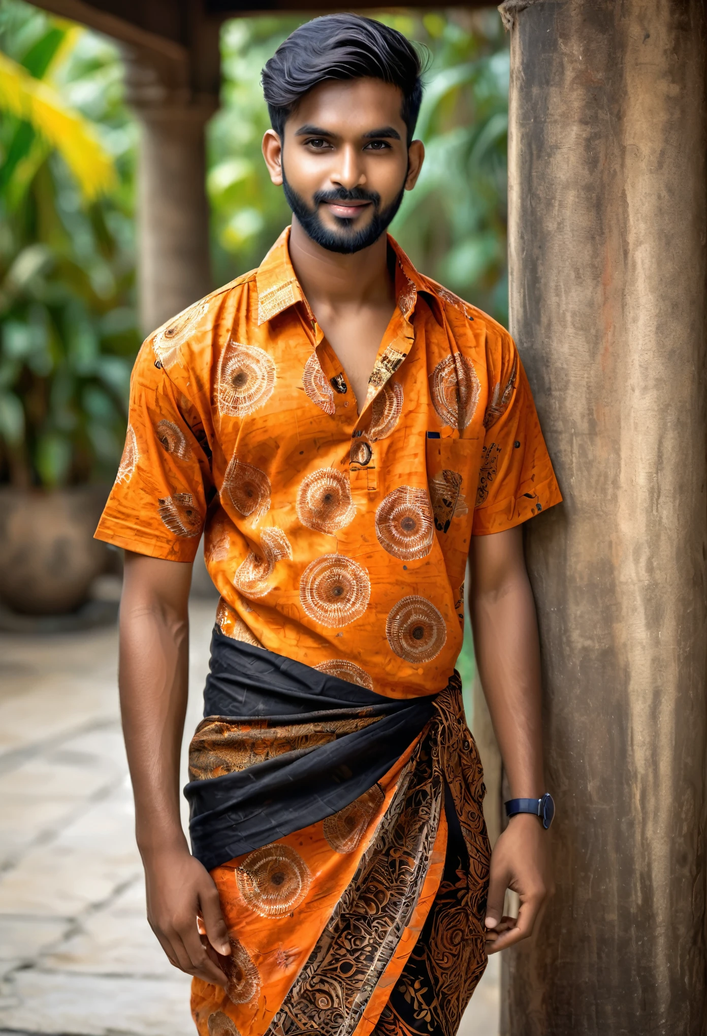 Raw photo a handsome young Indian young gentleman, wearing an orange and black batik short sleeve shirt and a matching batik sarong, posing like a professional model, professional photographer, (hdr:1.4), masterpiece, ultra-realistic 8k, perfect artwork, intricate details, cute face, award winning photograph, (Best quality, 8k, 32k, Masterpiece, UHD:1.3)