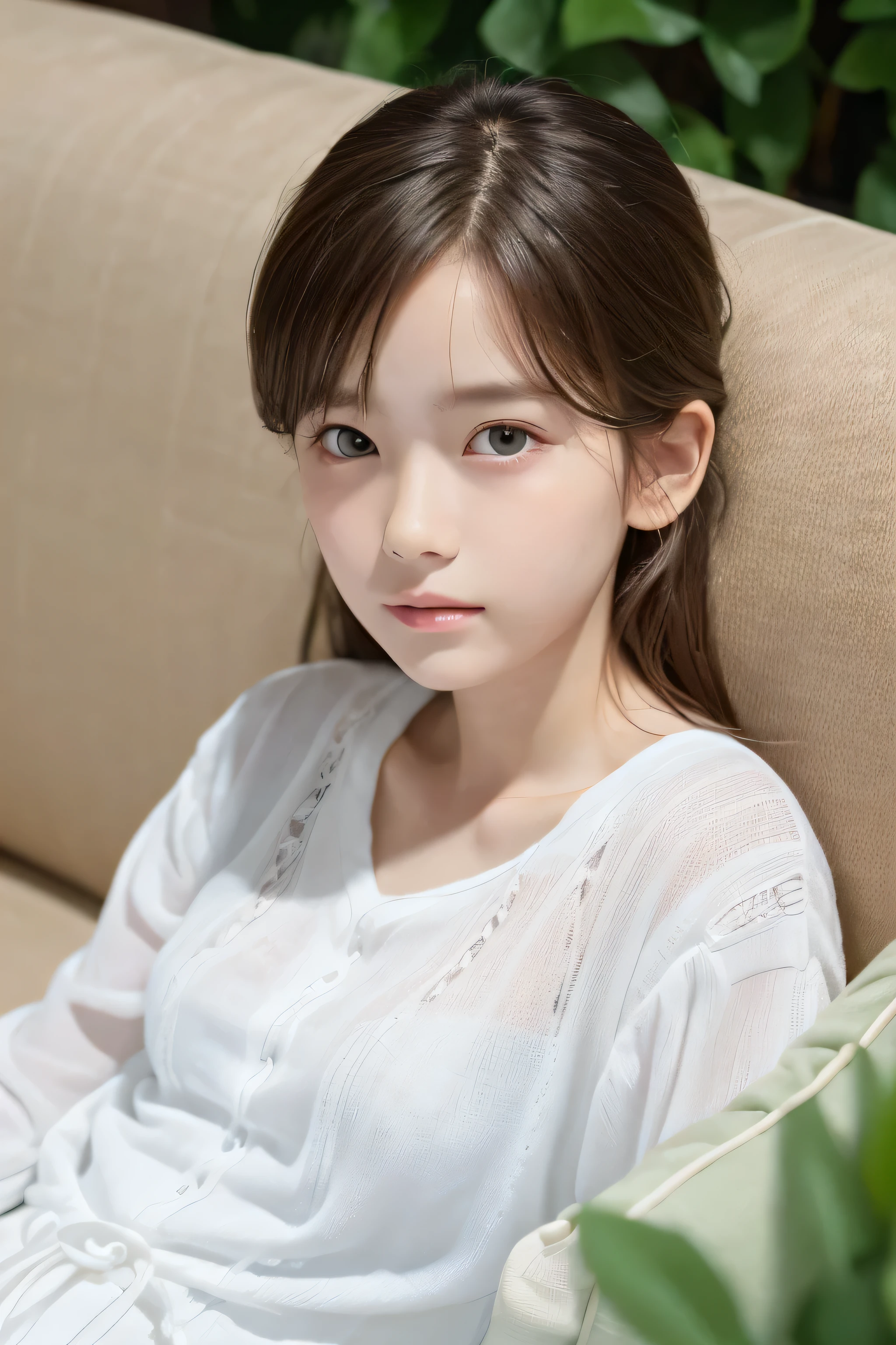((highest quality)), ((Photo quality)), (detailed), Perfect Face,White skin,10 years old,sofa,White clothes,summer