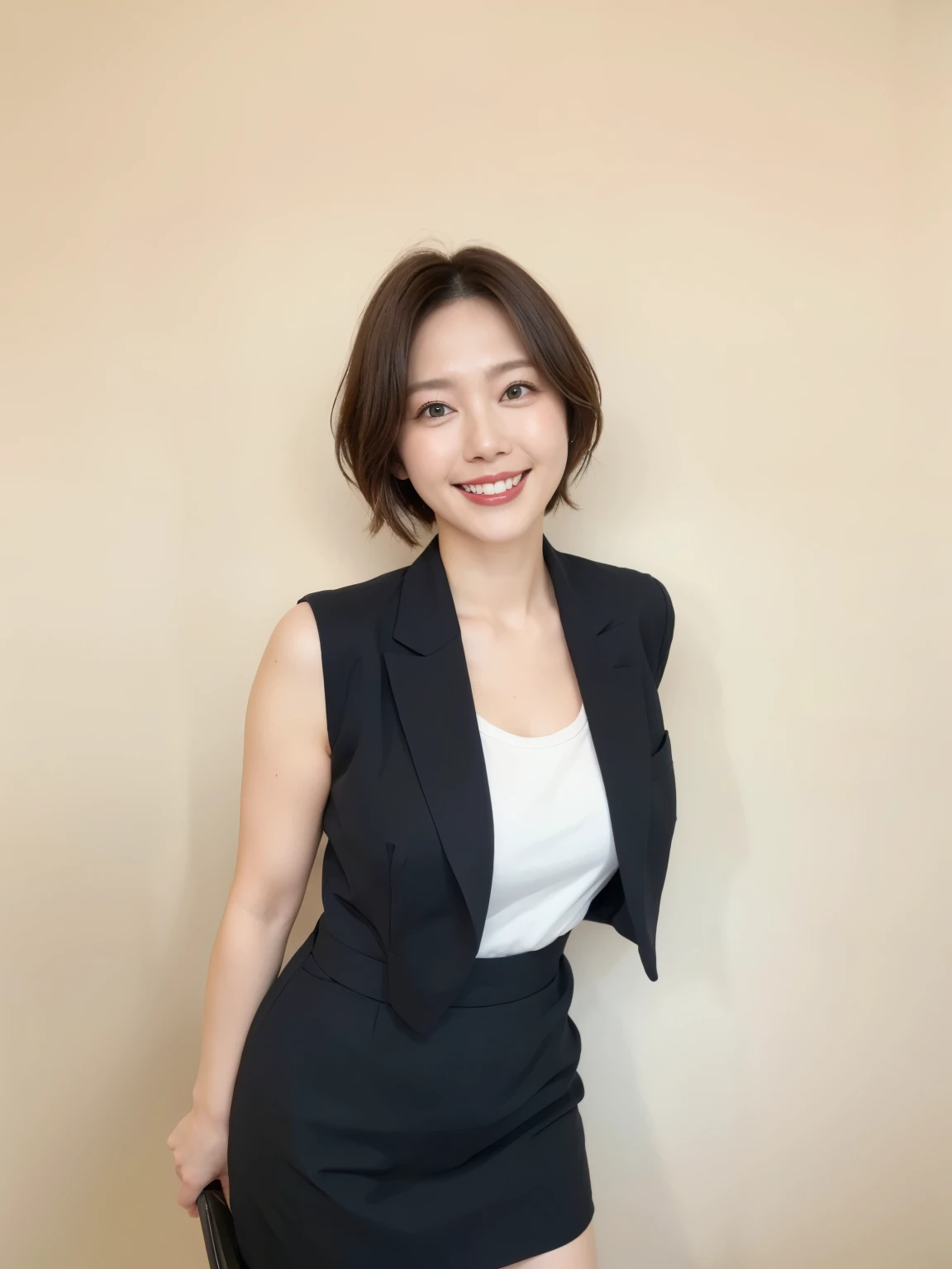 masterpiece,highest quality, (Mature Woman、38 years old), (Slightly chubby)、(D cup breasts)、Glare, (White Formal Blazer), (White shirt:1.2), (Black pencil skirt:1.4)、double eyelid, eyelash, Lip gloss, (smile:1), (Looking at the audience、Whole body image、Are standing), (Modern hotel lobby:1.6)、Written boundary depth、尖ったRed Mouth、(Black wet shiny short hair),Red Mouth,clavicle、(Full body portrait:1.6)、Digital Illustration, (Photorealistic:1.3),(RAW Photos.)