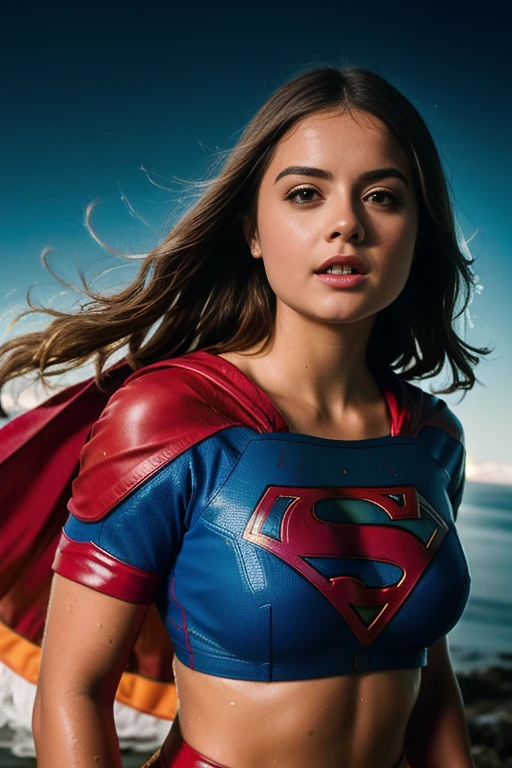 Foto RAW, jenna coleman como Supergirl,half body camera shot, Amarada by Alien with wet tentacolli and thick white semi transparent liquid,on the liquid face coming out of your mouth,(pele altamente detalhada: 1.2), 8k UHD, DSLR, soft-lighting, alta qualidade, grain of film, Fujifilm XT3