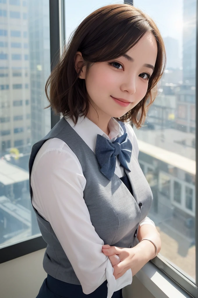 1girl, matured female, vest, bow, photo, realistic, best quality, hires, detailed face, office, buildings from window, detailed background, diffused sunlight, depth of field, bokeh