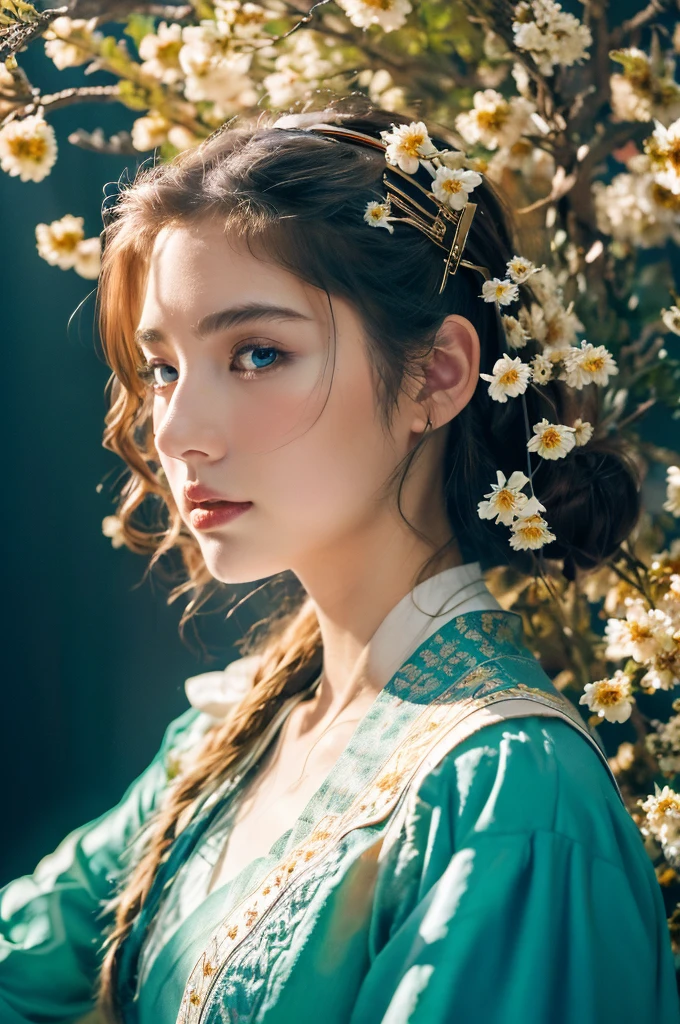 ( masterpiece, top quality, best quality,8k, girl,ultra detailed,raw photo:1.5),(photorealistic:1.4), (cinematic lighting), PerfectNwsjMajic, , Surrealism, UHD, ccurate, Super detail, textured skin, High detail, Best quality, dynamic angle, White skin,[Beautiful blue eyes], high nose,[flat chest:large breasts:0.5],(1girl),((good anatomy:0.5)),(covered in flowers:1.4), night sky, interested in, fire and ice, (The image is divided into two，Available in a variety of colors:2), eyes blues, sapphire, liquid metal, night sky, (Look at an angle:1.3), (fire and ice), ((Lower chrome)), (hairpin:1.4), (forest:1.3), (fog: 1.3),  Subtle colors and tones, mystical aura ,dreamy atmosphere,expressive brush strokes, mystical ambiance, Artistic interpretation, upper body