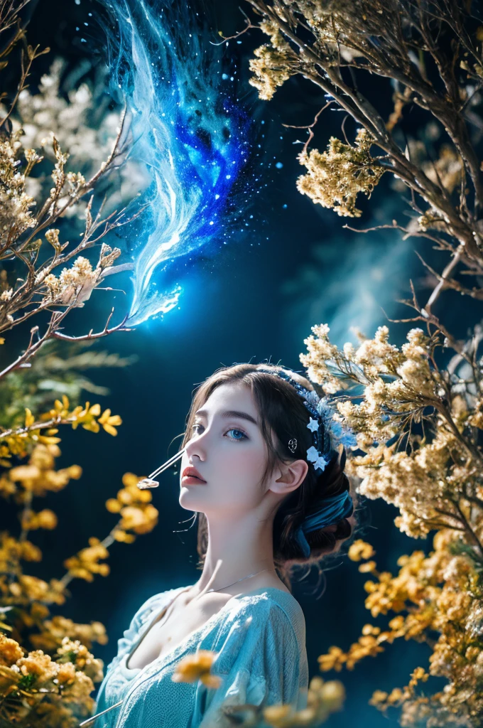 ( masterpiece, top quality, best quality,8k, girl,ultra detailed,raw photo:1.5),(photorealistic:1.4), (cinematic lighting), PerfectNwsjMajic, , Surrealism, UHD, ccurate, Super detail, textured skin, High detail, Best quality, dynamic angle, White skin,[Beautiful blue eyes], high nose,[flat chest:large breasts:0.5],(1girl),((good anatomy:0.5)),(covered in flowers:1.4), night sky, joint, interested in, fire and ice, (The image is divided into two，Available in a variety of colors:2), eyes blues, sapphire, liquid metal, night sky, (Look at an angle:1.3), (fire and ice), ((Lower chrome)), (hairpin:1.4), (forest:1.3), (fog: 1.3),  Subtle colors and tones, mystical aura ,dreamy atmosphere,expressive brush strokes, mystical ambiance, Artistic interpretation,Wonderland, blue glowing flowers tone, upper body