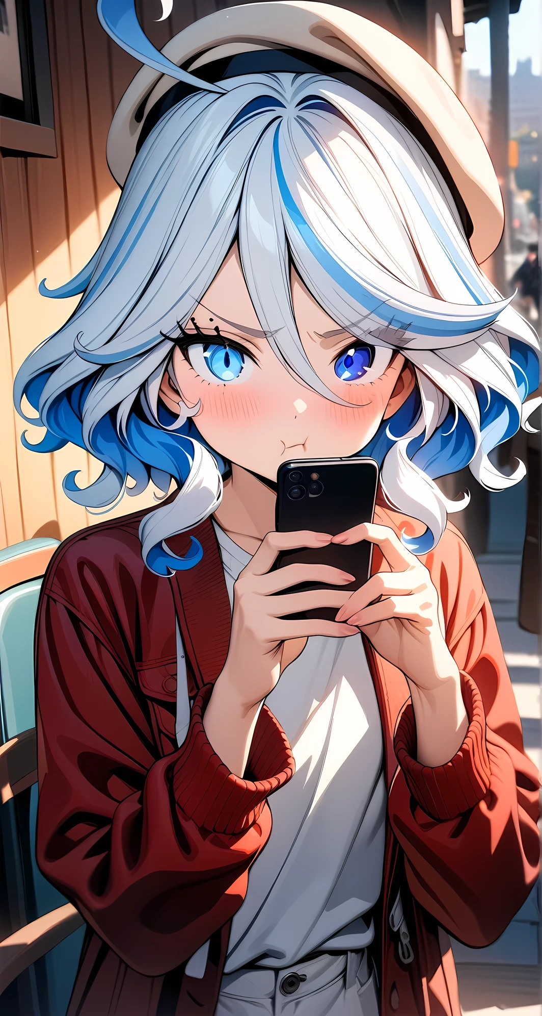 (masterpiece),(best quality),(ultra-detailed),(best illustration),(best shadow),(absurdres),(detailed background), (very aesthetic), looking at viewer, solo, 1girl, furina,white casual outfit, red jacket, white colored hair accessory, beret, upper body view, playing phone, looking at viewer, pout, 