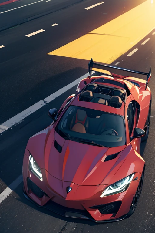 A top angel drone view of "Driving a sports car in the streets of LA in the night. The surrounding is vibrant with lights."