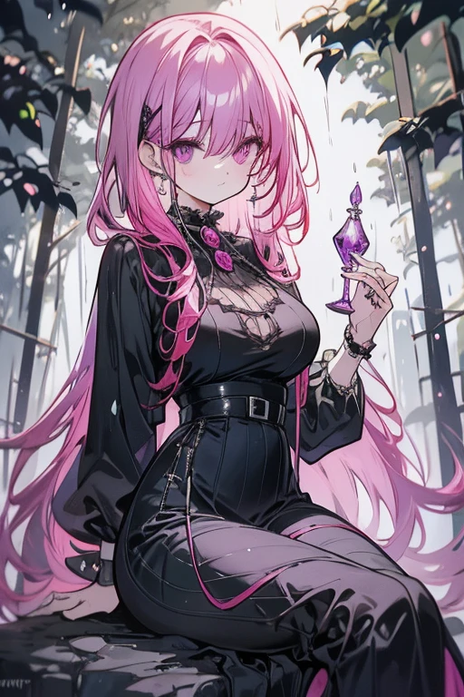 A pink haired woman with violet eyes with an hourglass figure in a Gothic rockabilly dress is sitting on a rock in the forest during the rain