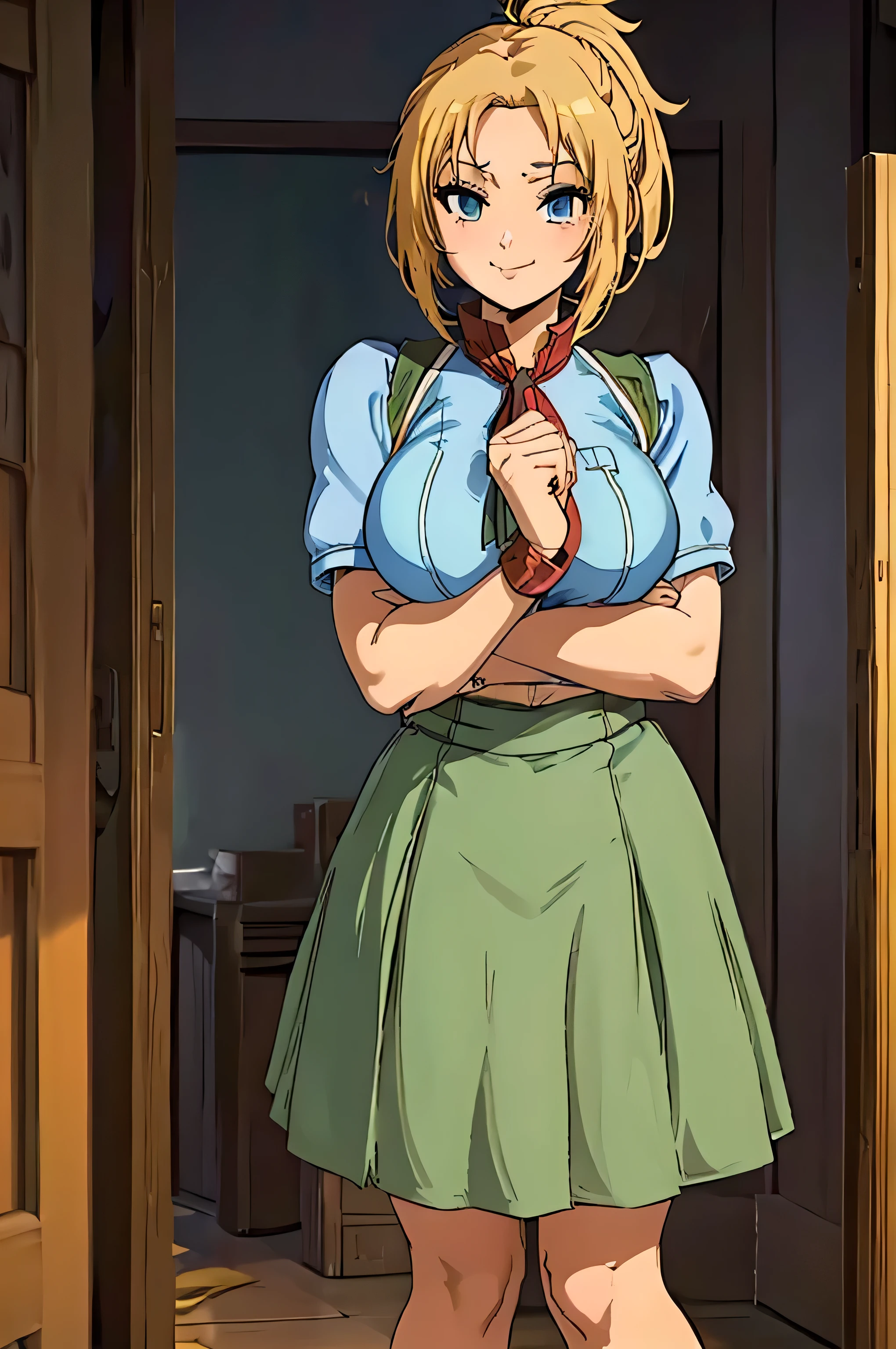 (Anime Style, Retro art style, Clean brush strokes, Very detailed, Perfect Anatomy, Browsing Caution), 1 girl, alone,((zenith)), Blonde, blue eyes, short hair, ponytail, Parted bangs, hair ornaments, smile, Cowboy Shot,(Huge breasts:1.3,School Uniforms), Thin abdominal muscles: 1.1, (mini skirt:1.5, School Uniforms), panties, (sit, Spread your legs),Looking at the audience,Bedroom Background, sofa, 