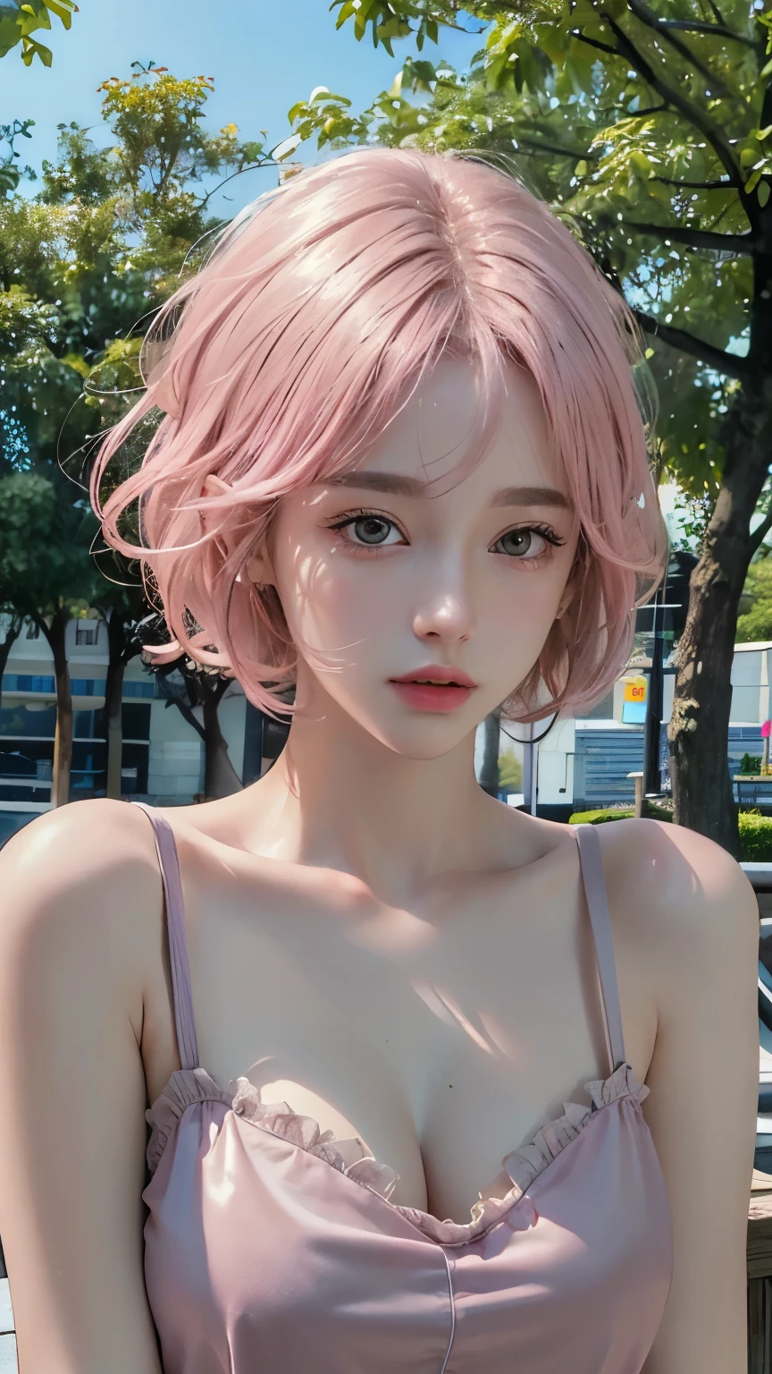 (8k, highest quality, masterpiece: 1.4), Very detailed, highest quality, Ultra-high resolution, Written boundary depth,(Realistic:1.4,RAW shooting,)Ultra-Realistic Capture,(Very detailed,High definition 16K), cute, girl, short hair, Pink Hair, refresh, clear