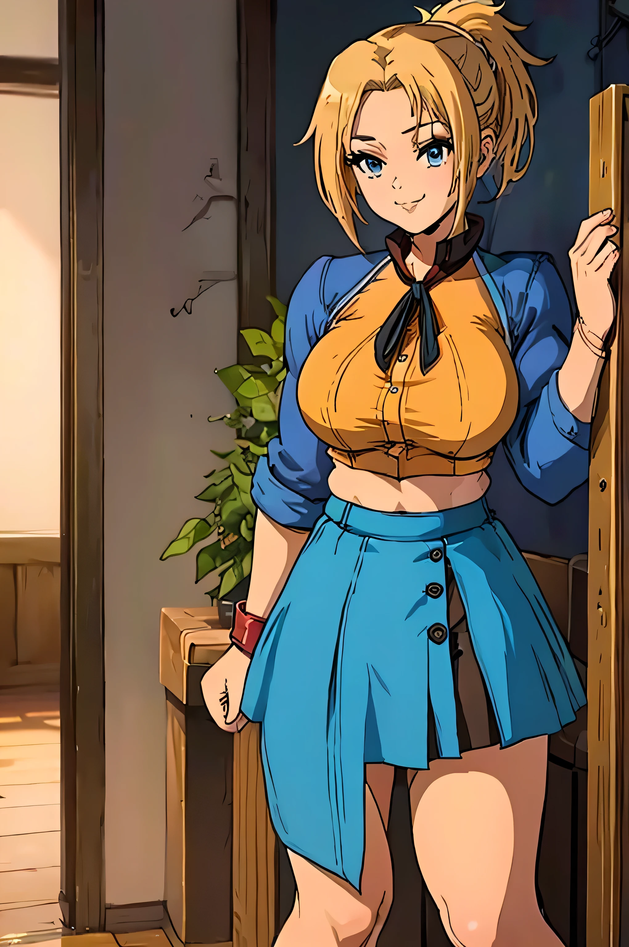 (Anime Style, Retro art style, Clean brush strokes, Very detailed, Perfect Anatomy, Browsing Caution), 1 girl, alone,((zenith)), Blonde, blue eyes, short hair, ponytail, Parted bangs, hair ornaments, smile, Cowboy Shot,(Huge breasts:1.3,School Uniforms), Thin abdominal muscles: 1.1, (mini skirt:1.5, School Uniforms), panties, (sit, Spread your legs),Looking at the audience,Bedroom Background, sofa, 