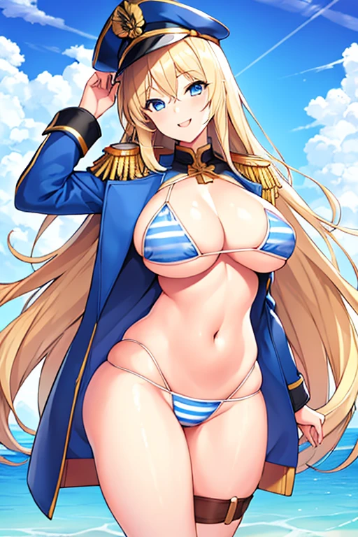 1girl, blonde hair, long hair, blue eyes, large breasts, thick thighs, epaulettes, hat, jacket, bikini, stripped bikini, ((blue stripes)), blue stripes, white bikini, blue trim, beach, cap, smile, tall, tall female, hourglass figure, toned