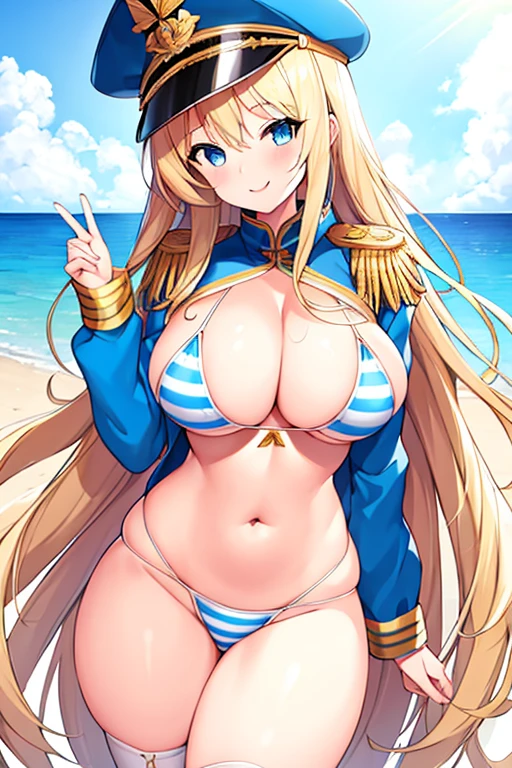 1girl, blonde hair, long hair, blue eyes, large breasts, thick thighs, epaulettes, hat, jacket, bikini, stripped bikini, ((blue stripes)), blue stripes, white bikini, blue trim, beach, cap, smile, tall, tall female, hourglass figure, toned