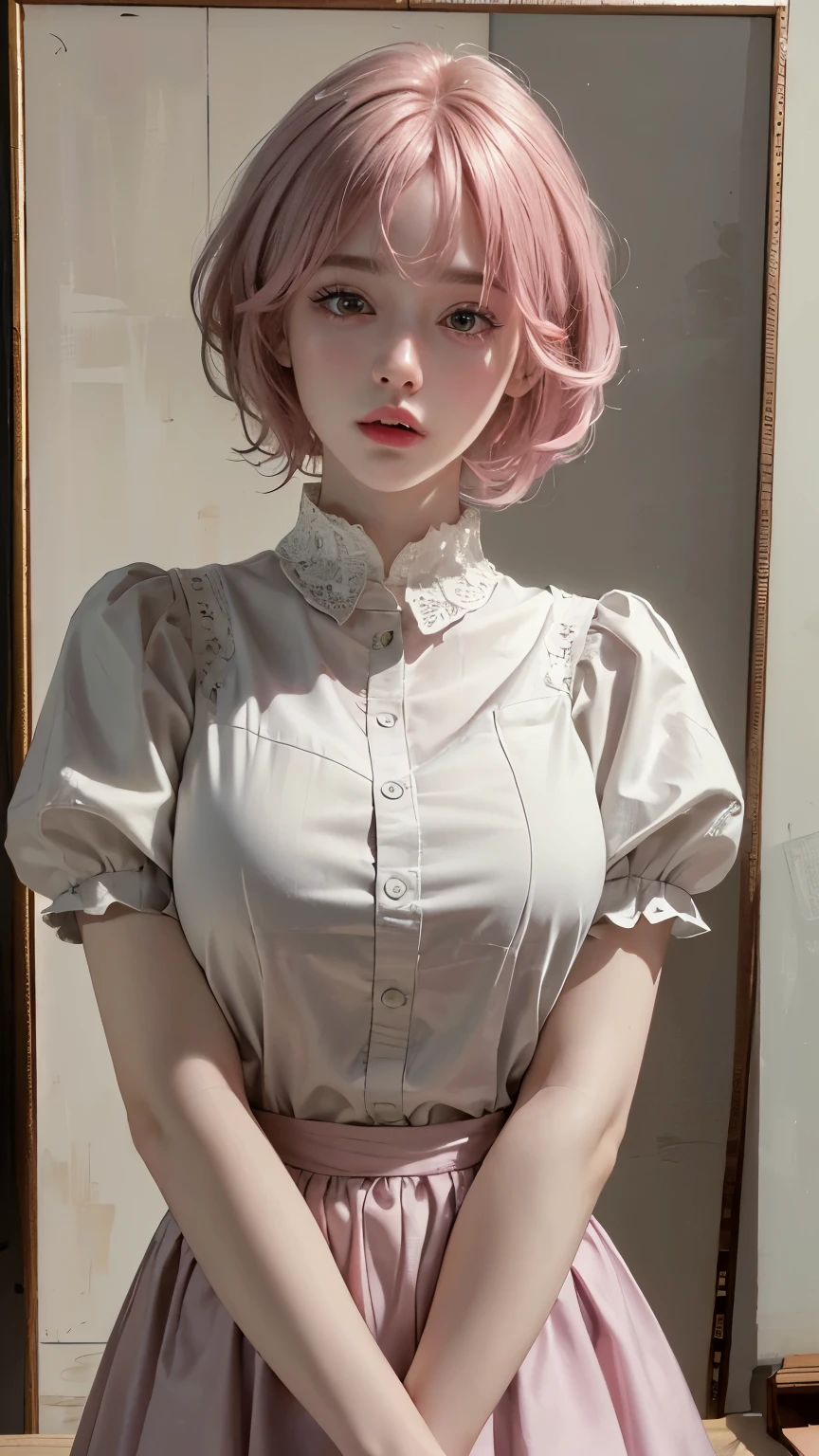 (8k, highest quality, masterpiece: 1.4), Very detailed, highest quality, Ultra-high resolution, Written boundary depth,(Realistic:1.4,RAW shooting,)Ultra-Realistic Capture,(Very detailed,High definition 16K), cute, girl, short hair, Pink Hair, camera