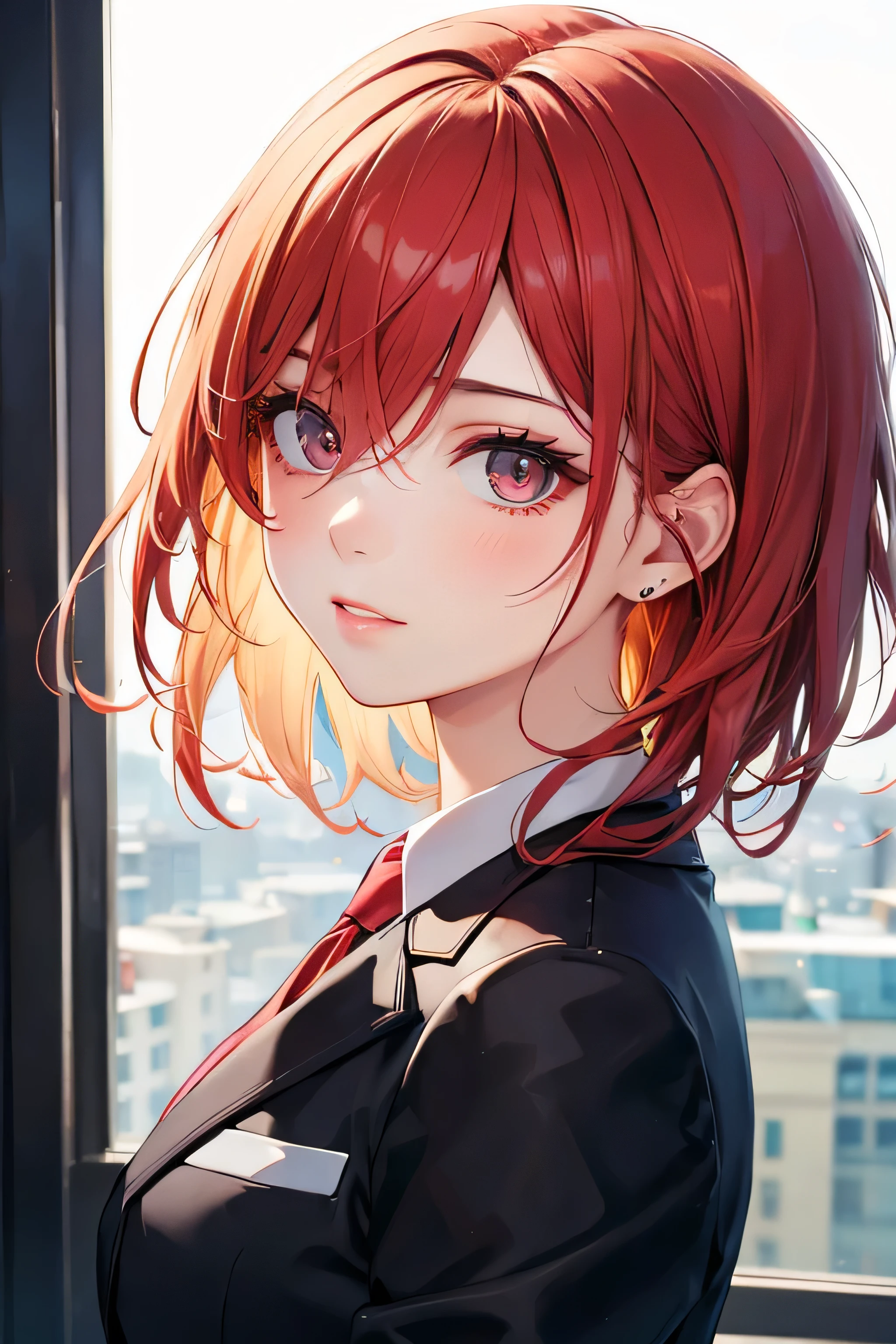 European girl portrait,alone,20 years,Beautiful Face,Upper Body,Hair on one eye,Medium Sidecut, Blonde, Sharp focus,Black business suit、Red Hair