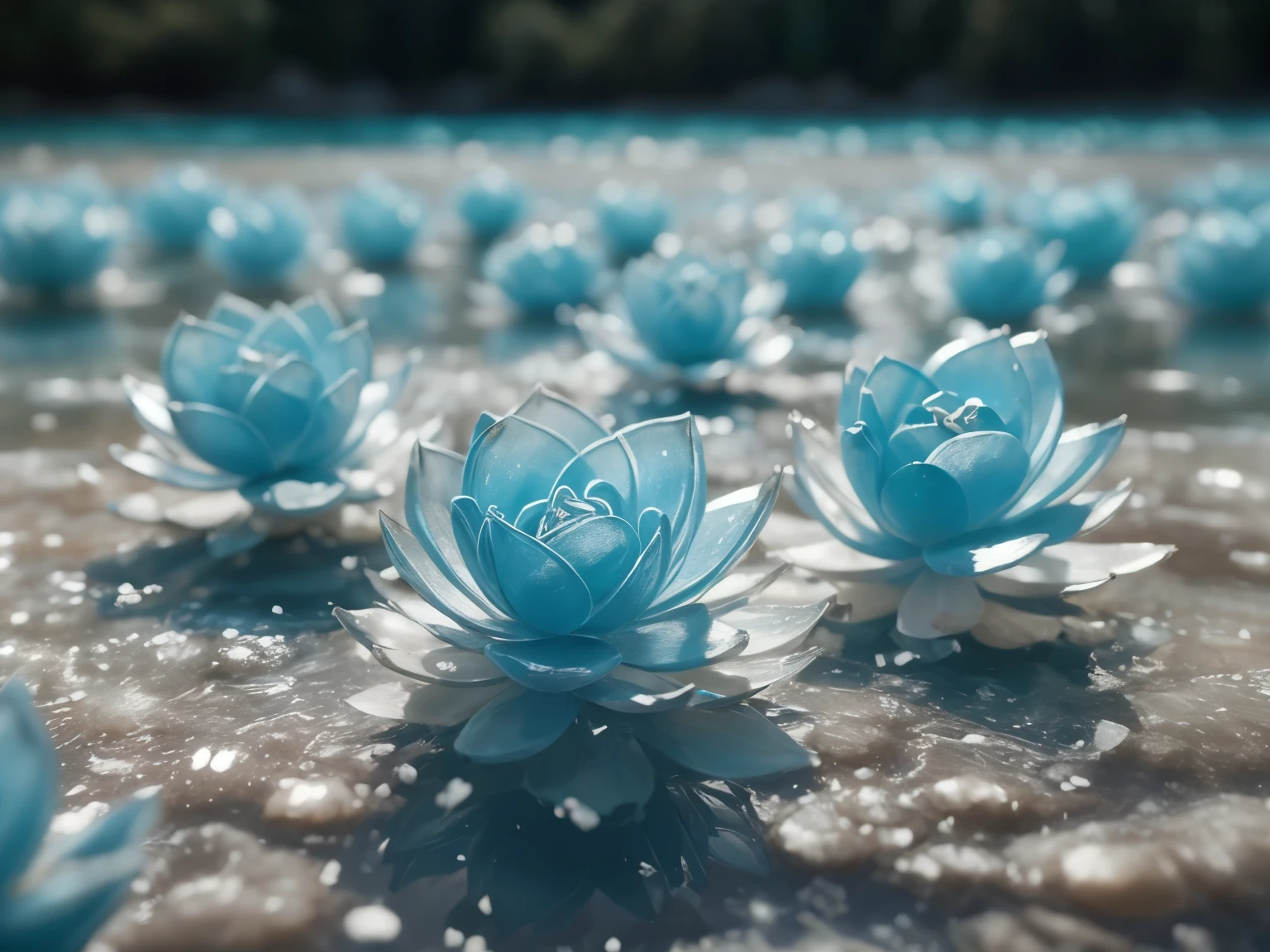 Cinematic still of a few beautiful pale blue glass flowers made out of glass in an Alaska River. Shallow depth of field, Vignette, Very detailed, High budget, Bokeh, CinemaScope, Sulky, amazing, nice, Film Grain, granular, ガラスof破片, Breaking Glass, ,ガラスof破片,The shards were created_of_piece_broken_ガラスof光of粒子,   focus on flowers, strengthened