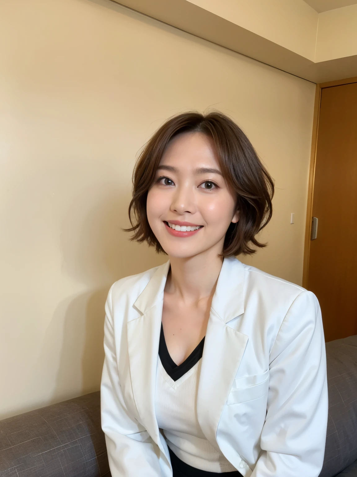 masterpiece,highest quality, (Mature Woman、38 years old), (Slightly chubby)、(D cup breasts)、Glare, (White Formal Blazer), (White shirt:1.2), (Black pencil skirt:1.4)、double eyelid, eyelash, Lip gloss, (smile:1), (Looking at the audience、Whole body image、Are standing), (Modern hotel lobby:1.6)、Written boundary depth、尖ったRed Mouth、(Black wet shiny short hair),Red Mouth,clavicle、(Full body portrait:1.6)、Digital Illustration, (Photorealistic:1.3),(RAW Photos.)