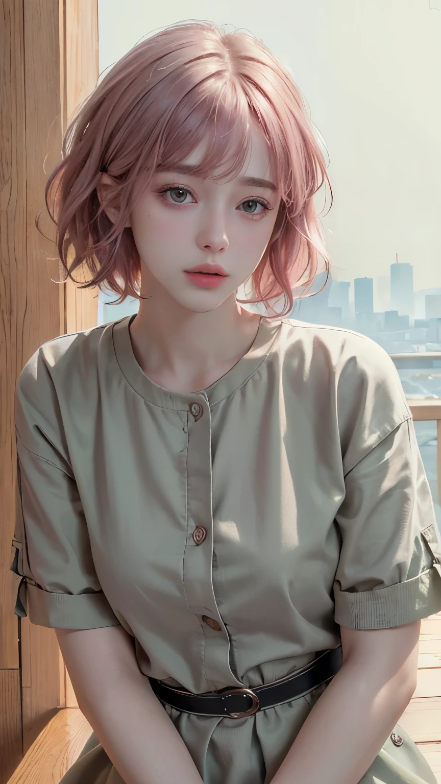 (8k, highest quality, masterpiece: 1.4), Very detailed, highest quality, Ultra-high resolution, Written boundary depth,(Realistic:1.4,RAW shooting,)Ultra-Realistic Capture,(Very detailed,High definition 16K), cute, girl, short hair, Pink Hair, refresh, clear