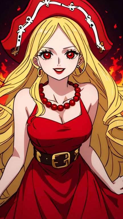 Beautiful anime girl, solo, 1girl, looking at viewer, cute, beautiful, red eyes, long hair, open hair, blonde hair, short braids in hair, strawhat, one piece, smiling, smooth skin, light skin, red lips, anime, best quality, masterpiece, extremely detailed, 4k, red eyes, beautiful red eyes, detailed face, detailed eyes, black top, red open coat, black skirt, golden belt, golden necklace, golden earings, standing, extremely beautiful, highres, high quality eyes, hair covering one eye, wanostyle, ((masterpiece)), (best quality), (extremely detailed), depth of field, sketch, dark intense shadows, sharp focus, soft lighting, hdr, colorful, good composition, spectacular, anime screencap, (Highest quality illustrations:1.2), (Kawaii Girl:1.1), (1girl in, solo:1.5), One pose、Neat and clean image、ultradetailed eyes:1.2), ((red-eyed、Blonde hair:1.5))、hair wavy、curlyhair, hair wavy、BREAK(top-quality、ultra-detailliert、highly detailed and beautiful、超A high resolution、Detailed arm:1.2)、a closeup、bustup, Wink, normal sized breasts, ocean beach background, pirate, high quality jewelry