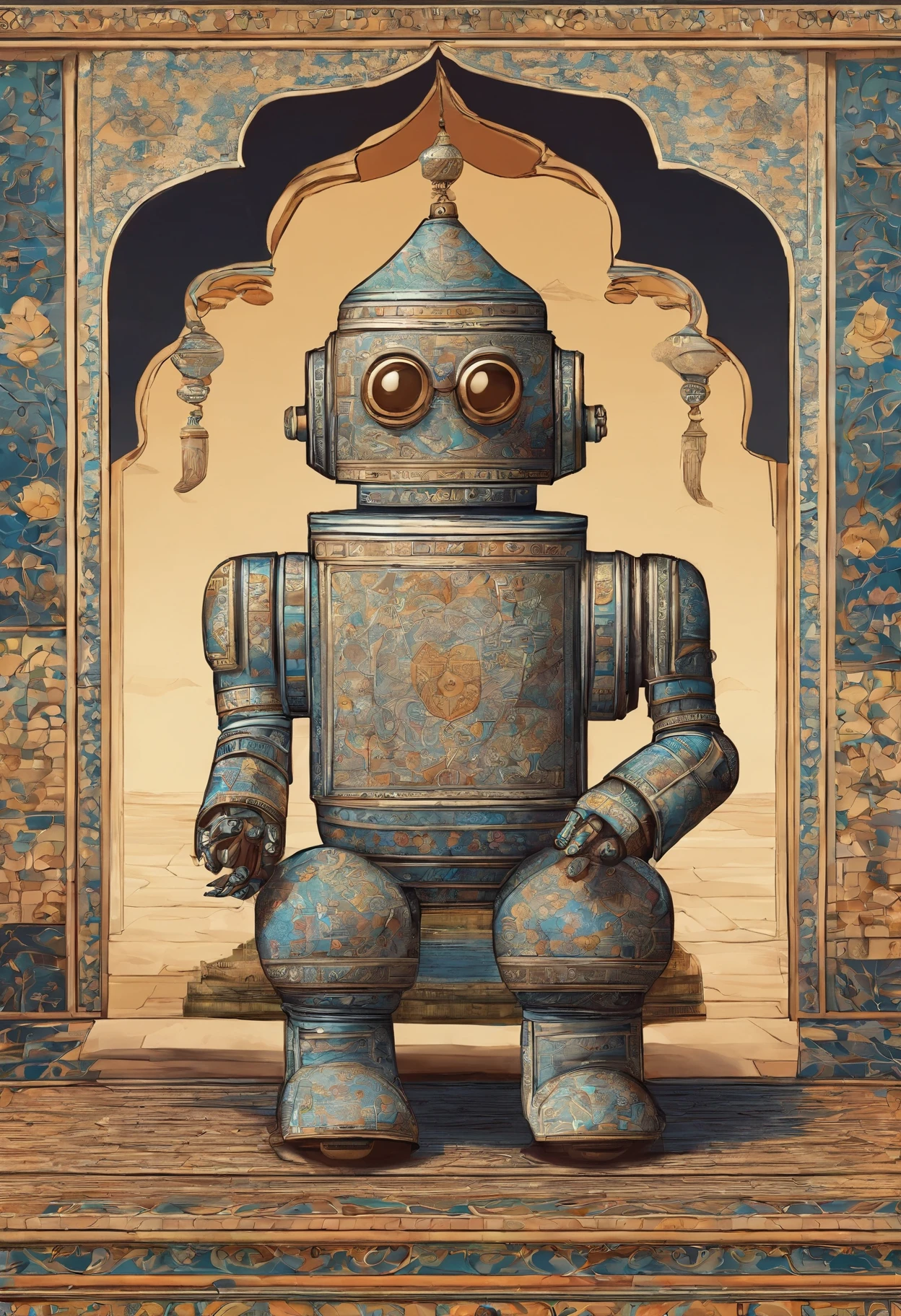 A robot made of persian tiles sitting in a persian traditional house with persian architecture drinking tea from persian cups.