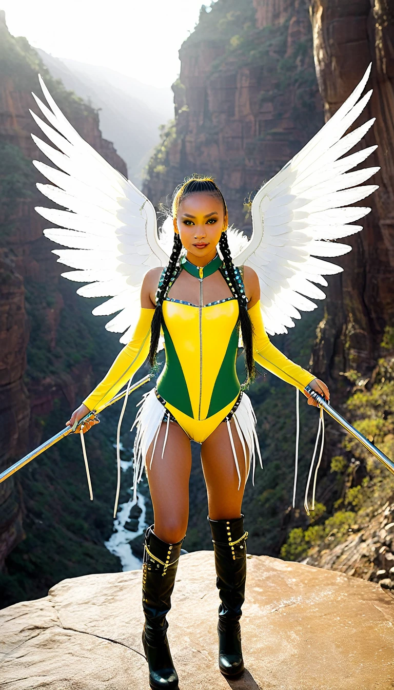 A Filipina angel swinging a staff++++, Wearing yellow+++ and green+++ studded++++++ leather+++++++ armored+++++++ leotard an
, vest and thigh boots. With long hair in braids. In a mist-filled canyon. Backlit by a sunbeam. (With two huge+++ white feathered wings)++++++. Looking at the camera with a sly smile+++. Perfect face. Sharp. Photorealistic.