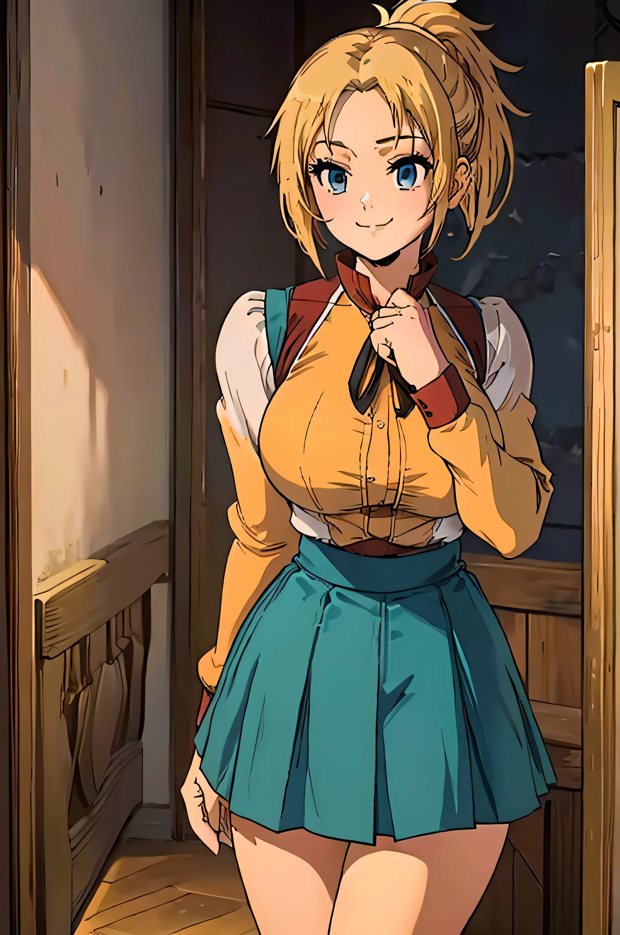 (Anime Style, Retro art style, Clean brush strokes, Very detailed, Perfect Anatomy, Browsing Caution), 1 girl, alone,((zenith)), Blonde, blue eyes, short hair, ponytail, Parted bangs, hair ornaments, smile, Cowboy Shot,(Huge breasts:1.3,School Uniforms), Thin abdominal muscles: 1.1, (mini skirt:1.5, School Uniforms), panties, (sit, Spread your legs),Looking at the audience,Bedroom Background, sofa, 