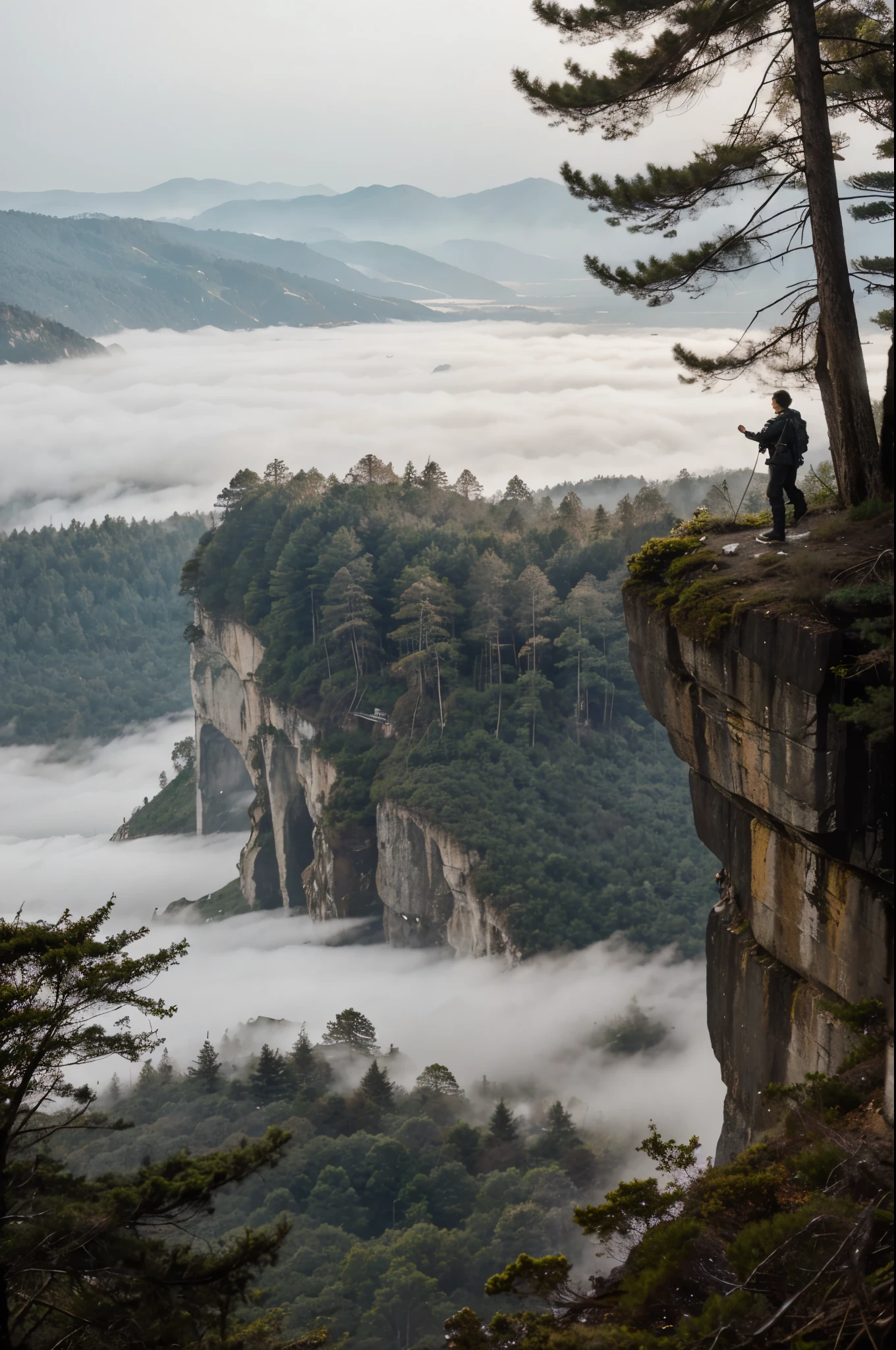Detective Alex stands at the edge of a cliff overlooking a vast, mist-shrouded forest, the wind whipping through their hair. A sense of adventure and determination radiates from their expression. 9:16 ratio