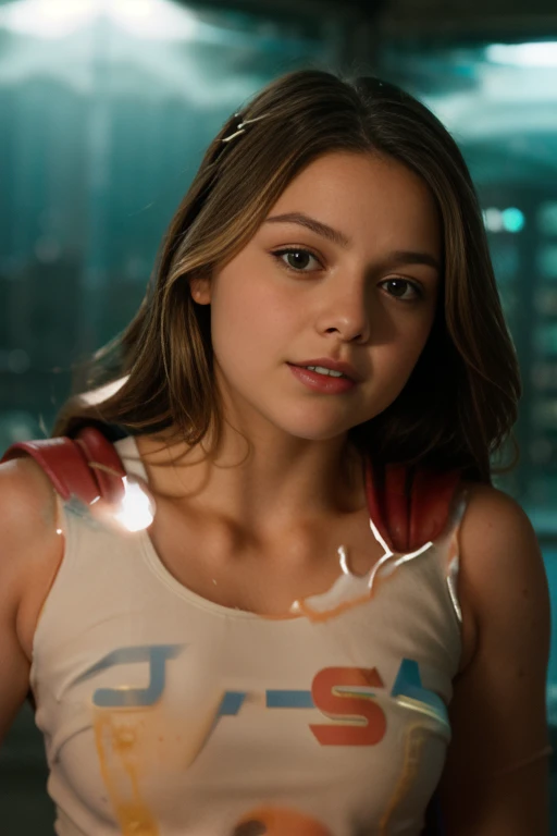 Foto RAW, jenna coleman como Supergirl,half body camera shot, Amarada by Alien with wet tentacolli and thick white semi transparent liquid,on the liquid face coming out of your mouth,(pele altamente detalhada: 1.2), 8k UHD, DSLR, soft-lighting, alta qualidade, grain of film, Fujifilm XT3