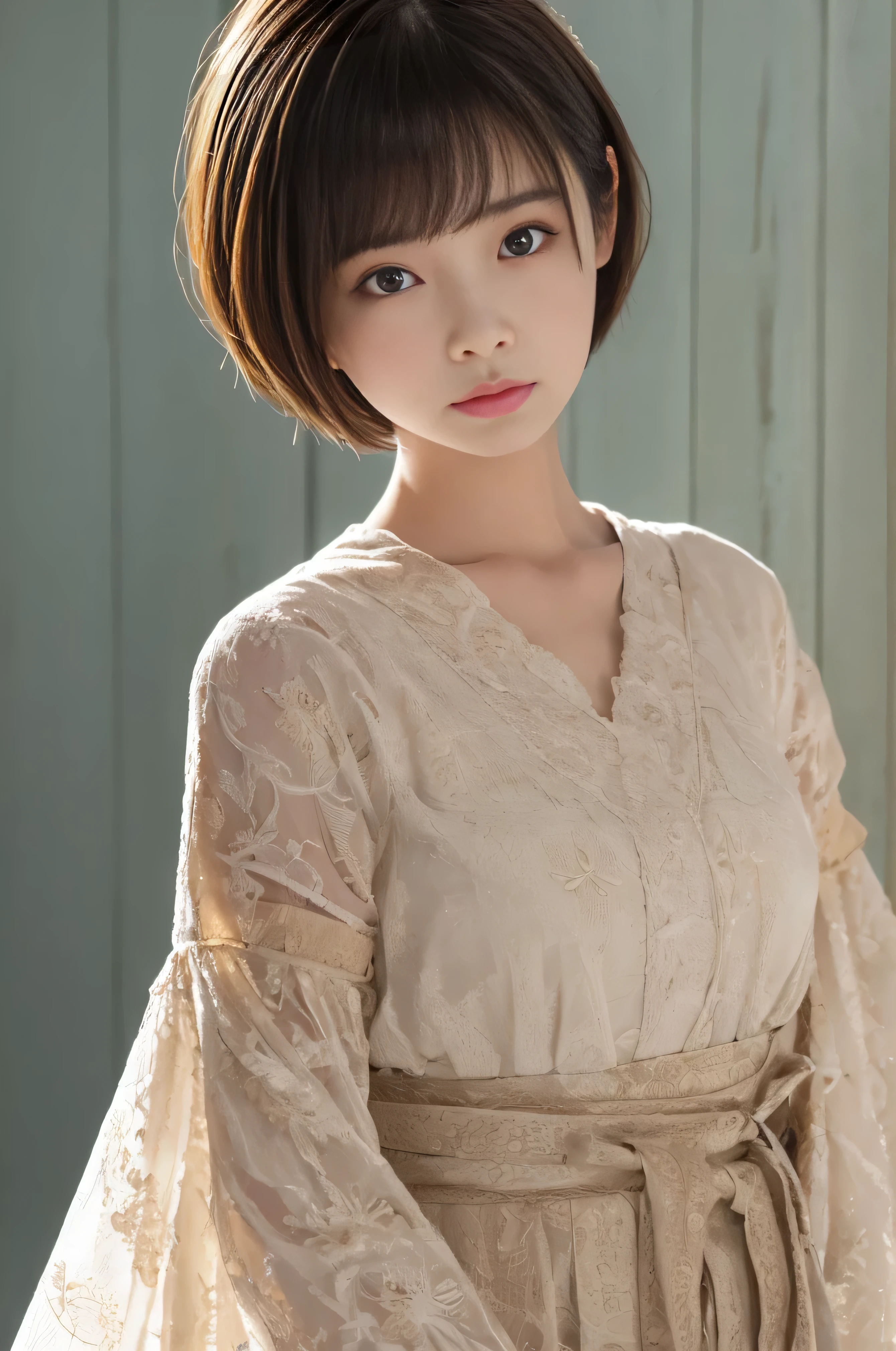 (8k, highest quality, masterpiece: 1,2), (Realistic, Realistic: 1.37), Super Detail, One Girl, ), (Very detailed), (Beautiful fine details), (highest quality) , (Very detailed), (masterpiece), (Detailed face), 18-year-old, One person girl, whole body, Are standing, Black Hair, Very short hair, Medium chest, Perfect lighting, looking at the camera, I brought a love letter, Full head of floral hair, impressive, Written boundary depth, Short Hair, Short Bob, Straight face, Head and body balance