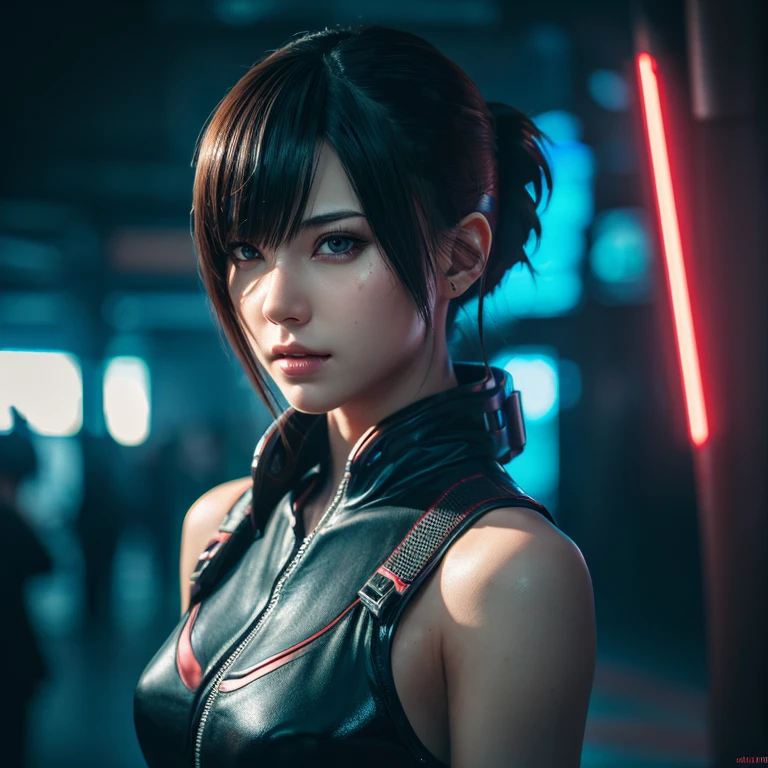 (masterpiece, highest quality, 8k, Sharp focus, Depth of written boundary, Best Shadow, Perfect lighting, High resolution, Realistic skin texture, Highly detailed background), Anime Style, Long Angle Shot, ((Cyberpunk Theme)), alone, 1 female, She&#39;s a mercenary, (Green Eyes, White skin, Black hair ponytail, choker, Small breasts, slim, compensate, eyeliner, Gloss), She works in a futuristic Korean city., Gripping the Tech Katana firmly, night, null, Waning Moon, Wearing a nice technical jacket and leather pants.