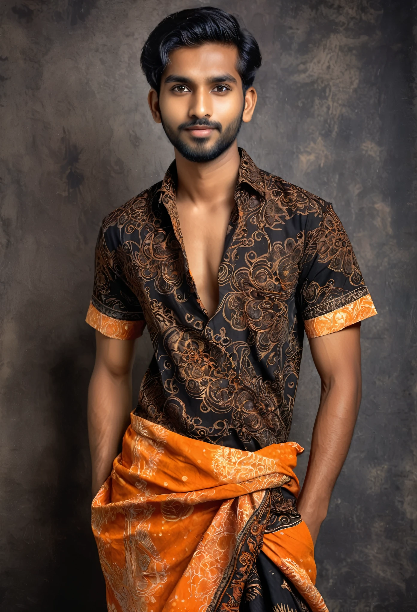 Raw photo a handsome young Indian young gentleman, wearing an orange and black batik short sleeve shirt and a matching batik sarong, posing like a professional model, professional photographer, (hdr:1.4), masterpiece, ultra-realistic 8k, perfect artwork, intricate details, cute face, award winning photograph, (Best quality, 8k, 32k, Masterpiece, UHD:1.3)