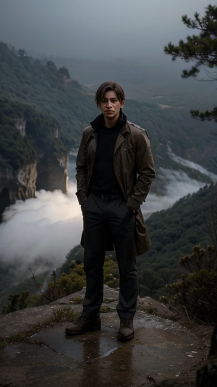 Detective Alex who was a man stands at the edge of a cliff overlooking a vast, mist-shrouded forest, the wind whipping through their hair. A sense of adventure and determination radiates from their expression.