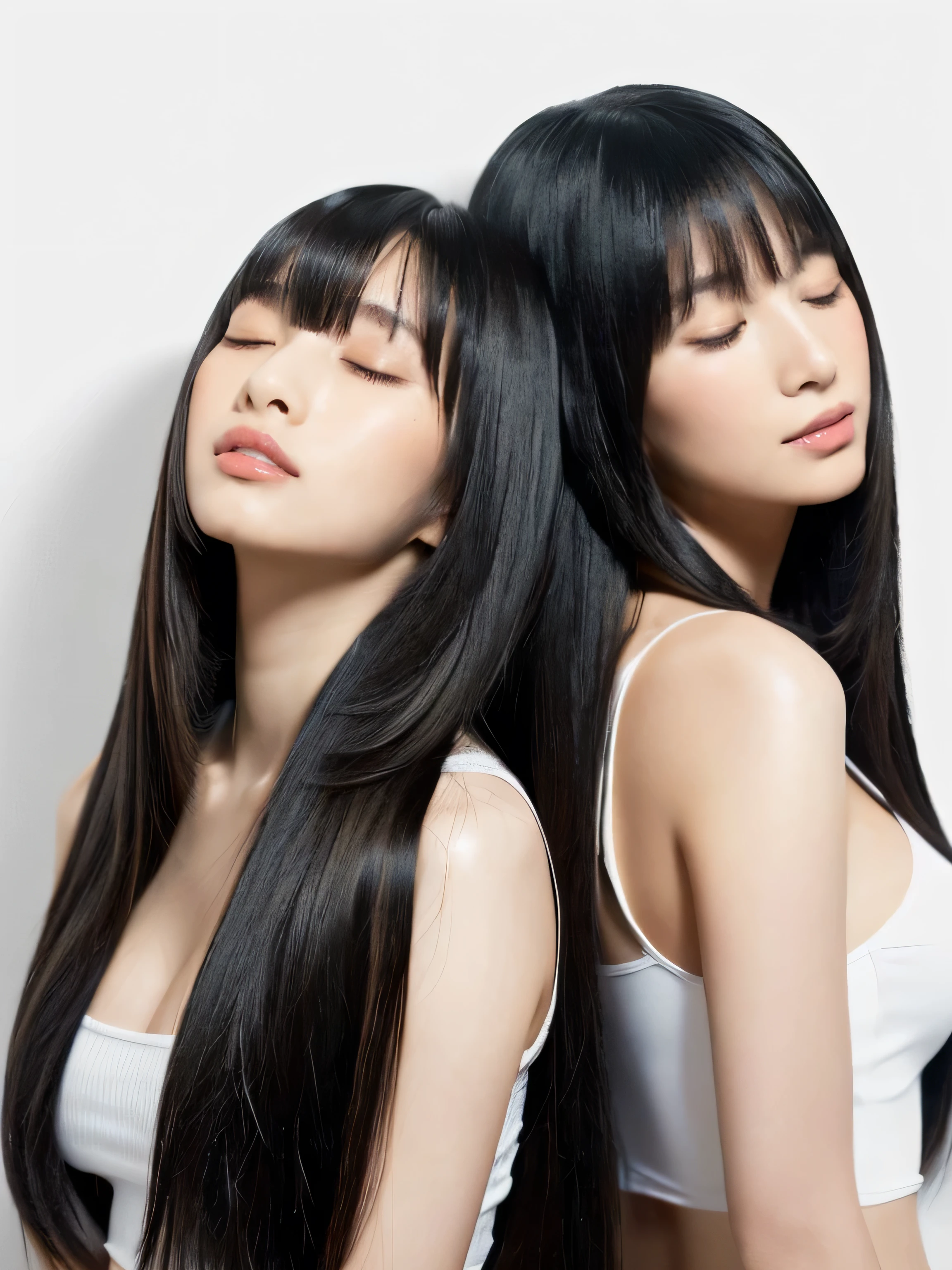 (In the same space, two identical twin hair models are lying on a bed facing each other, embracing each other, closing their eyes and kissing, photographed from the chest up.) ((They both closed their eyes and kissed:1.6)) (The two are identical clones, Wear the same clothes, stop temporarily, Hairstyle, exterior.:1.5) ((Beautiful 18-year-old model with long black hair, girl with super length Hair, extremely length Hair, extra length Hair, very long, Flowing Hair, very length Hair, length Hair girl, very long, Flowing black hair, length Hair windy, Very long black hair, length, Flowing Hair,Incredibly long-lasting hair, length Hair!!!! Her highest quality hair is long and straight., very long, highest quality black hair, length hair in the center, Highest quality long straight hair, length, straight, beautiful, High quality hair, length and free black highest quality straight hair, length Hair, length and straight, highest quality black hair, Perfect silky straight hair of the highest quality, straight, highest quality black hair, length black straight hair, length, Thin black hair Her hair is long and straight, very long black hair, length hair in the center, length straight hair, length, straight, beautiful hair of the highest quality, length Hair, length, straight black hair, length and free straight black hair, straight black hair)) (Her bangs are perfect.:1.3) (Pure white wall background:1.8) (Japan's most y and beautiful 18-year-old beauty model) ((highest quality)), ((masterpiece)), (Familiar) (Get used to it) Perfect Face (Her skin is a typical Japanese skin color.....、And very detailed) (Big3) (She has a beautiful face and a typical Japanese figure...., Narrow eyes) (She has perfect beautiful makeup and face Lipstick is light red A solid eyeliner) ((Rich 1.4)) (Extremely detailed 8K) (Ultra-fine skin texture 1.4) (Actual, Vibrant:1.4), double eyelid Sharp focus:1.2、Beautiful woman:1.4 Dynamic Lighting (Genuine RAW photos taken by professional photographers) Professional Hair Shine. (She has a bright and cheerful face) (((途方もなくlengthBlack hair 1.3))) (length, Shiny black hair, その女性はlengthBlack hairをしている, lengthBlack hair, Waist-length hair, very lengthBlack hair, thick shining black hair, black silky hair, length and shiny hair, lengthBlack hair, length, Flat Hair Ridiculously long hair, Black shiny hair, Very shiny, Abnormally long hair, 厚く輝く異常にlengthBlack hair,Jet black silky hair Her hair is とてもlength and straight length, Voluminous black hair that reaches down to her ankles unusually long black hair, unusually long black hair, Very long black hair) (Her face is slim and dignified.., length, Narrow eyes..々Nice face) (They are'They're both wearing the same white lingerie:1.5)